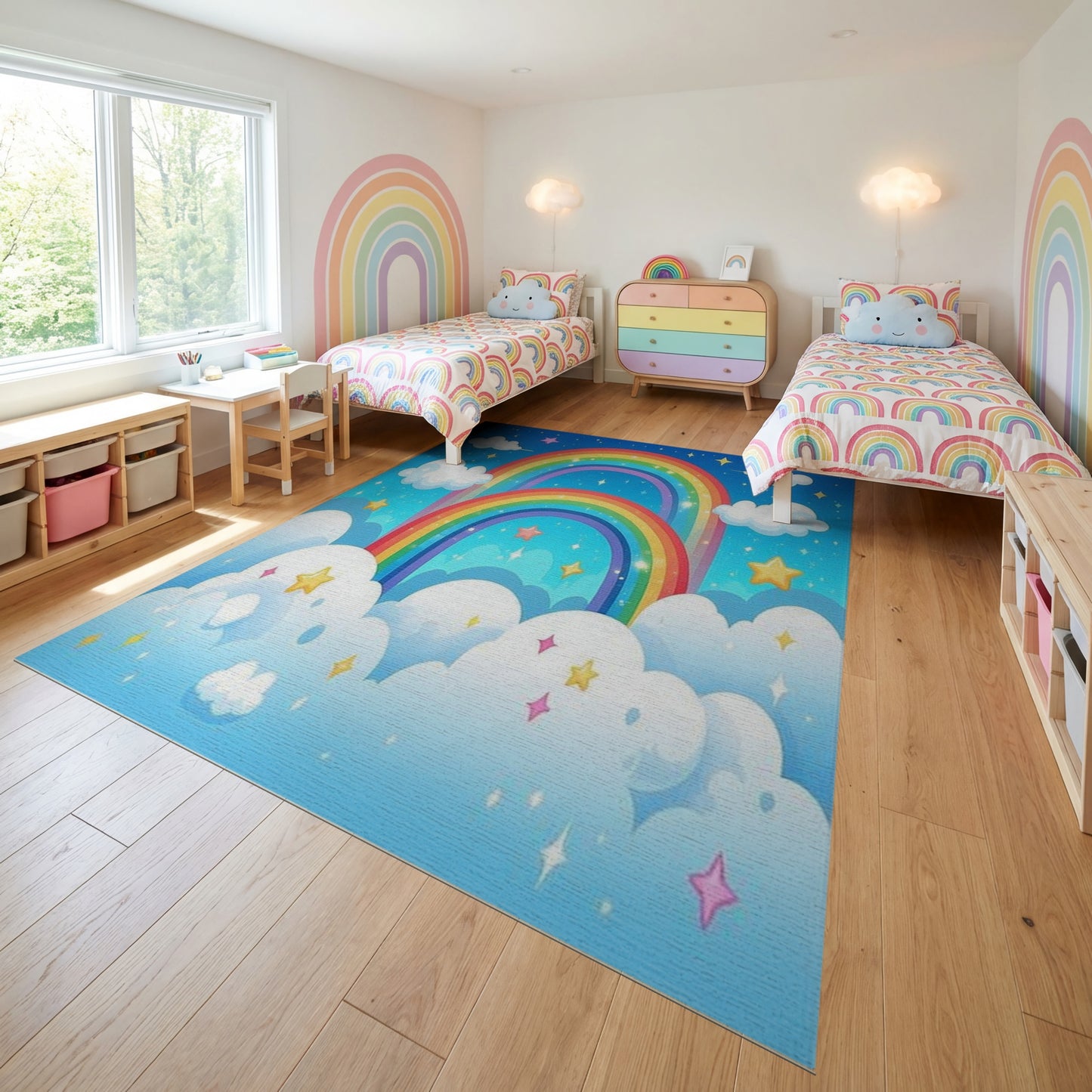 Whimsical Double Rainbow Stars Clouds Rug