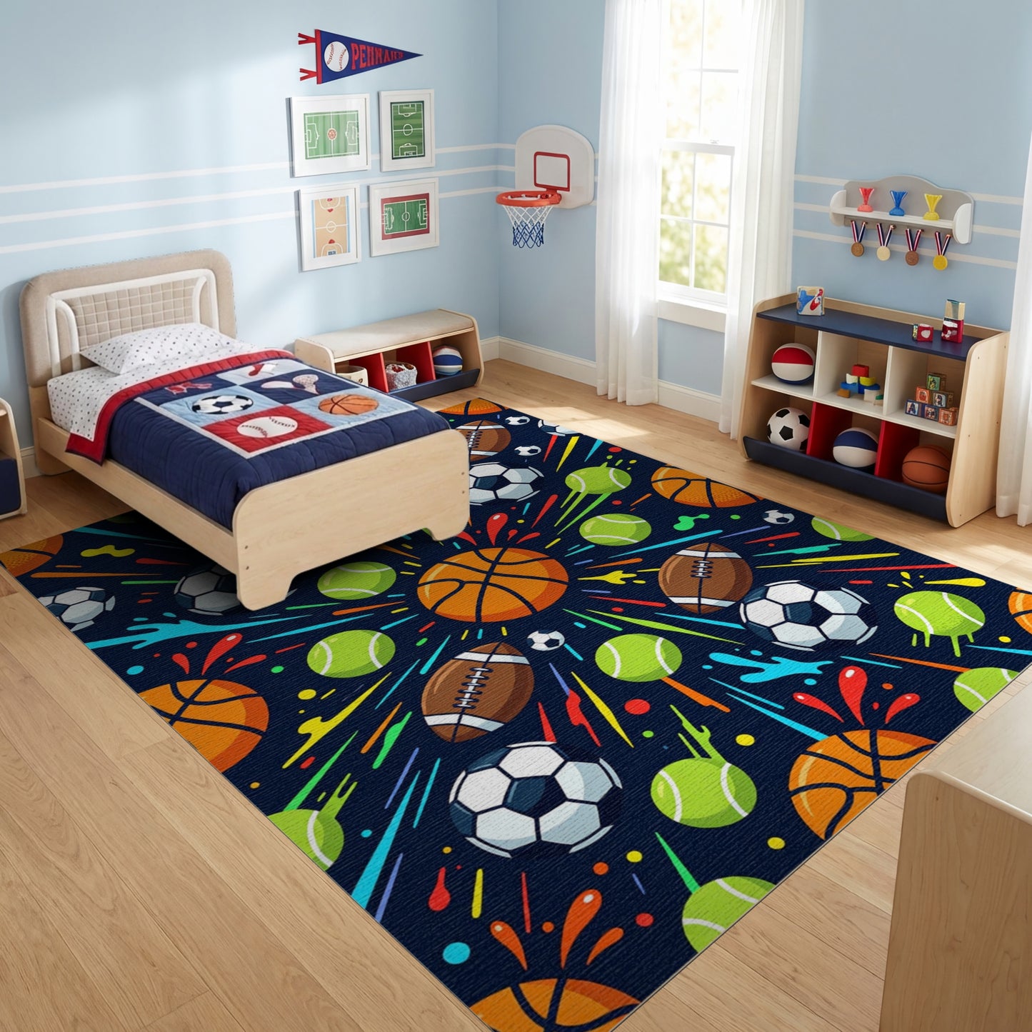 Vibrant Sports Balls Explosive Splatter Rug