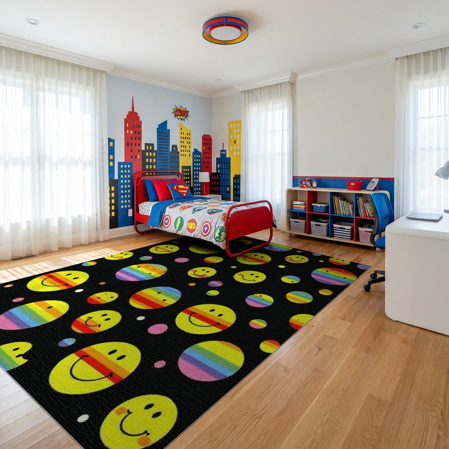 Whimsical Yellow Smiley Rainbow Circles Rug