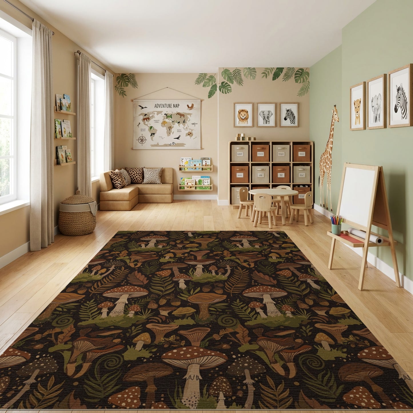 Whimsical Mushroom Fern Acorn Forest Rug