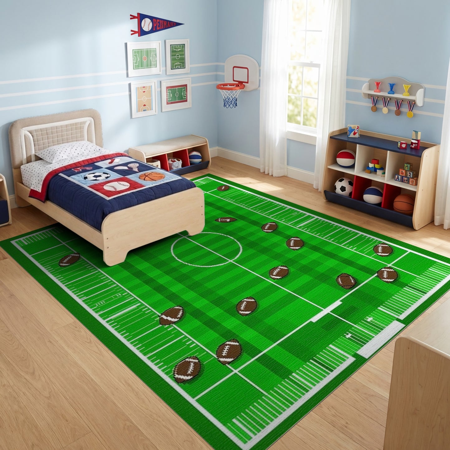 Green Scattered Footballs Gridiron Pattern Rug