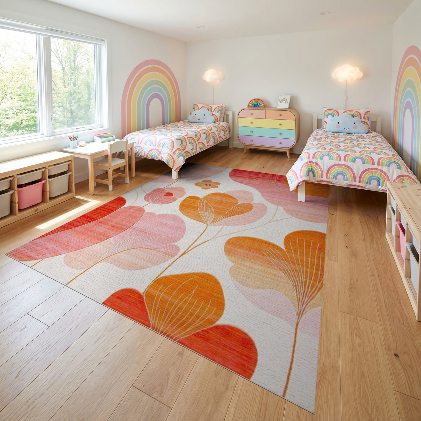 Modern Pink Orange Abstract Petals Rug