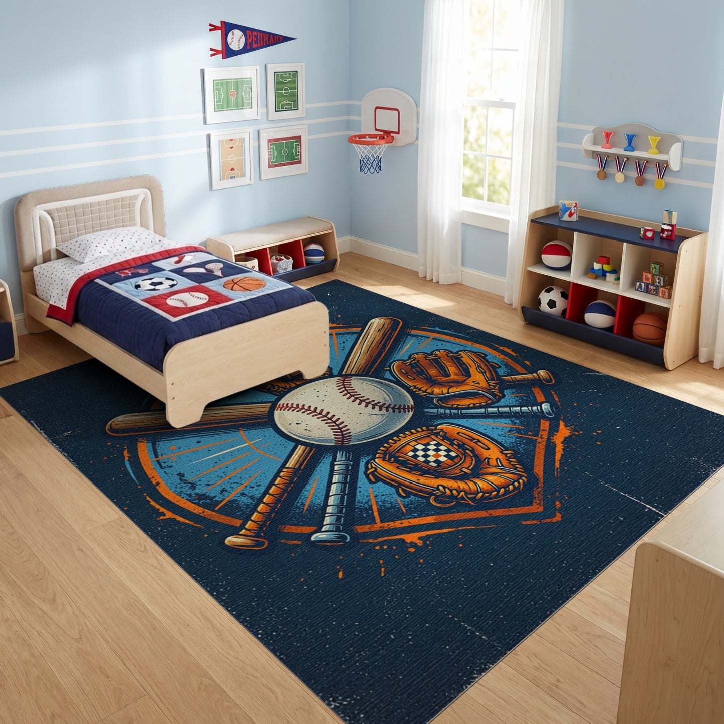 Vintage Baseball Bats Gloves Shield Rug