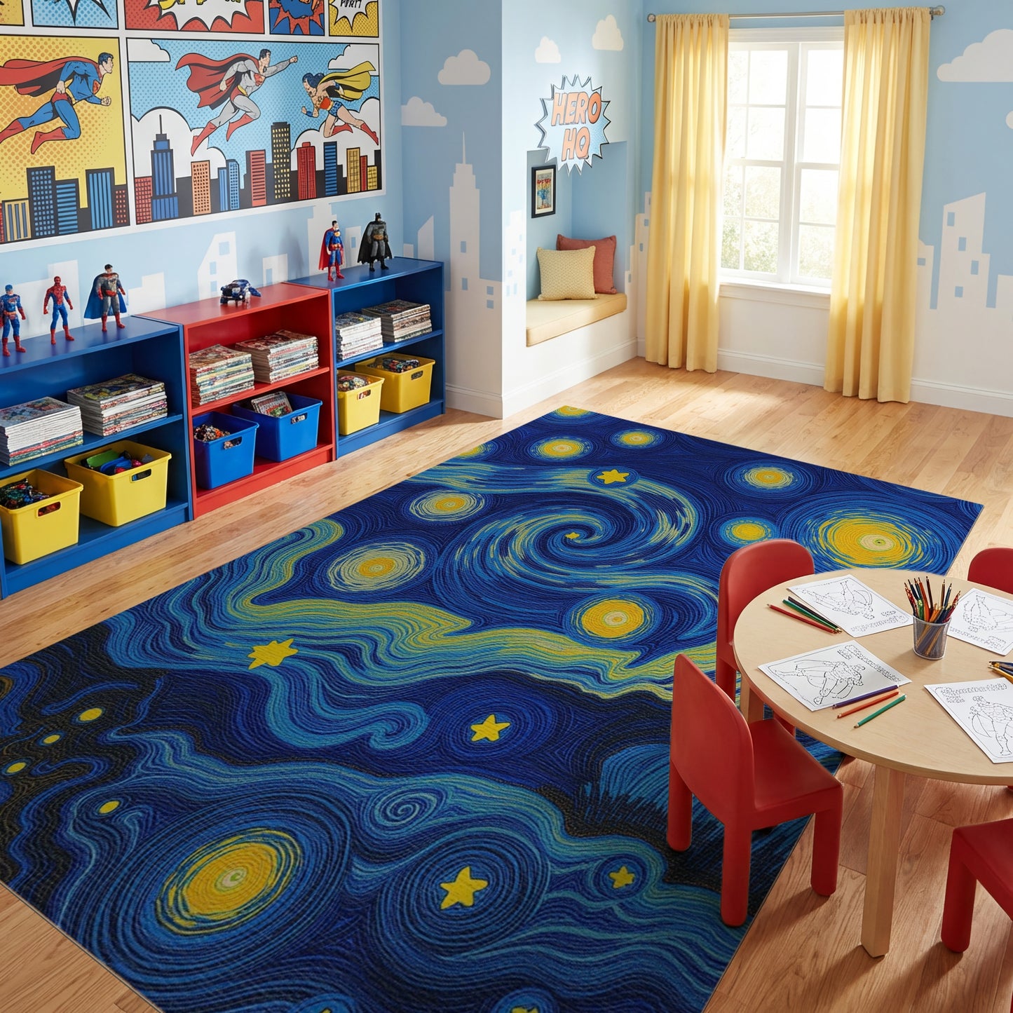Swirling Glowing Stars Deep Blue Rug