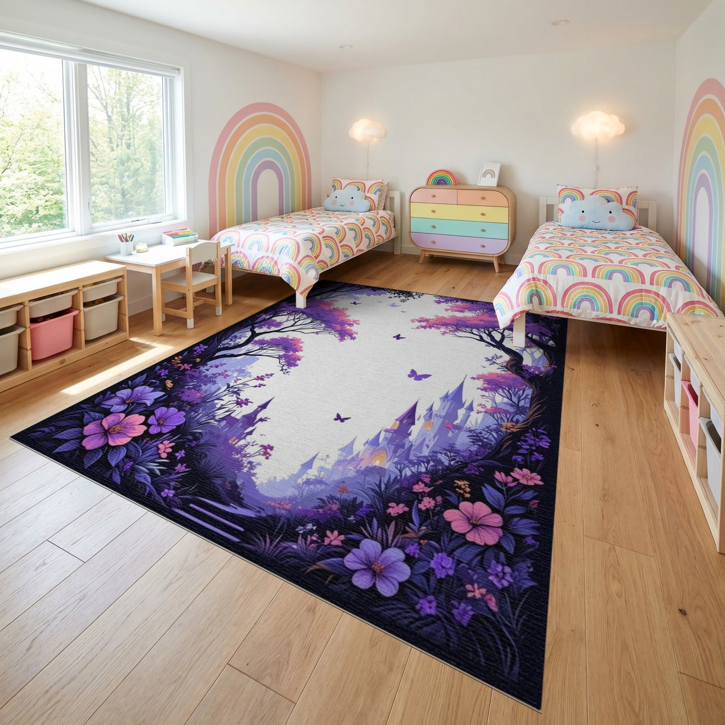 Dreamy Purple Forest Castle Butterflies Rug