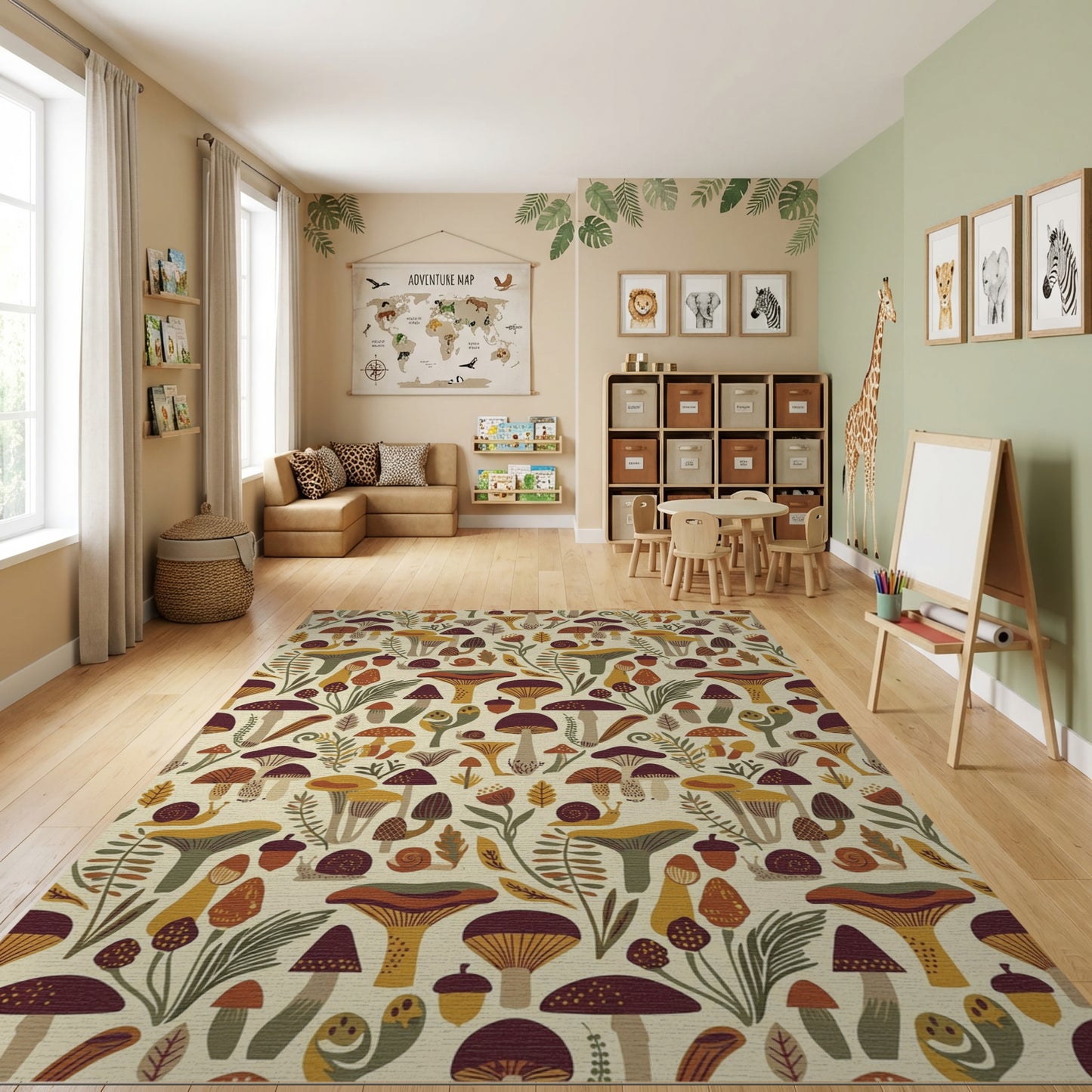 Whimsical Mushroom Fern Acorn Snail Rug