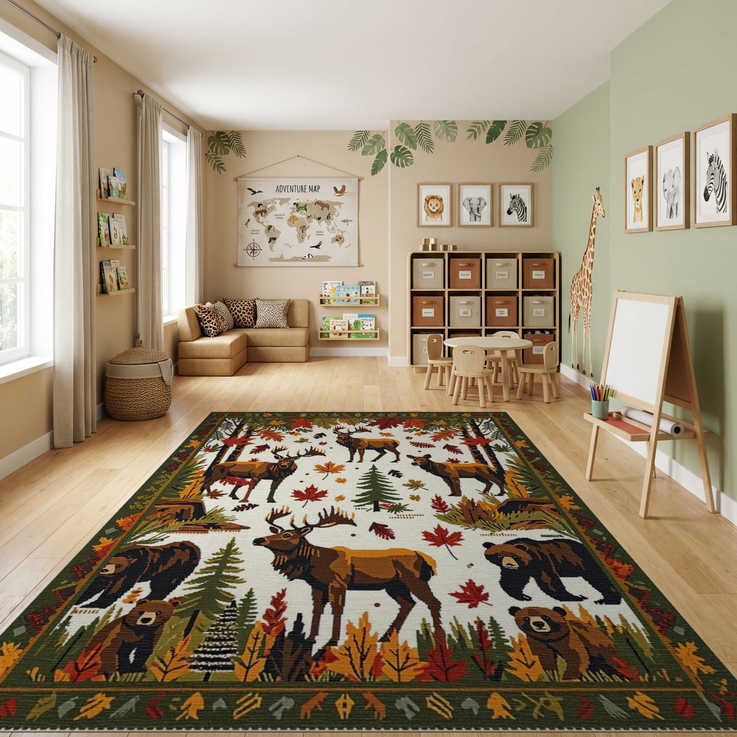 Rustic Autumn Elk Bear Forest Rug