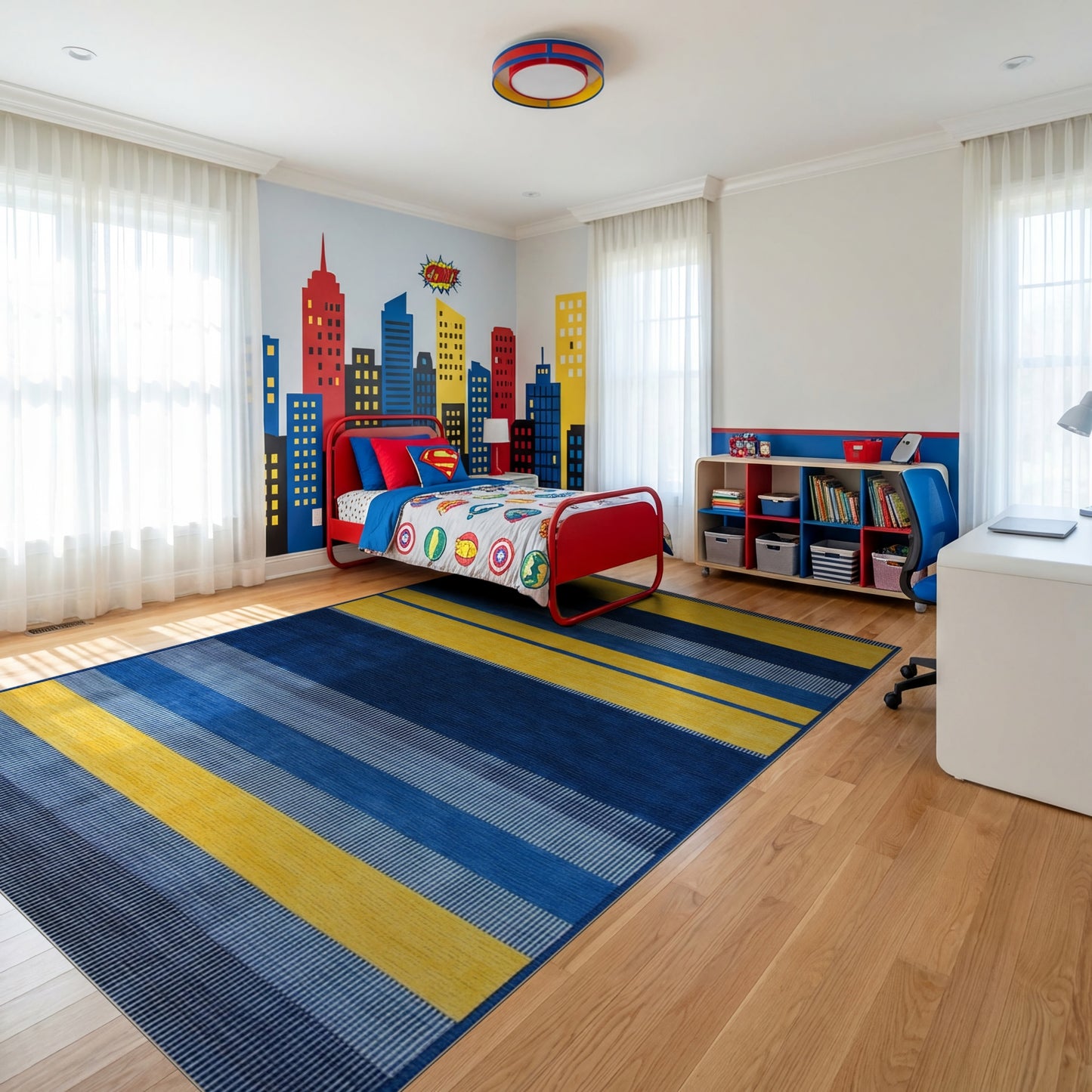 Bold Navy Gold Striped Modern Rug