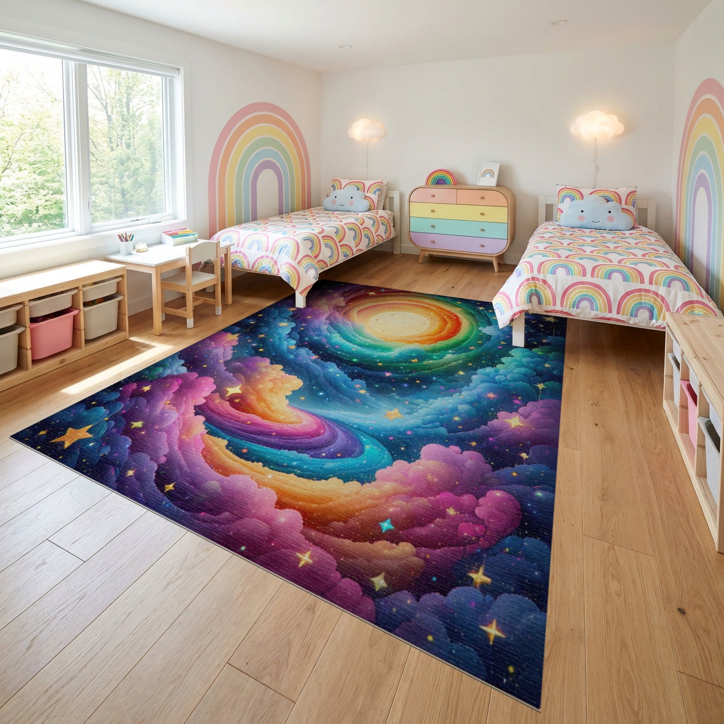 Dreamy Rainbow Swirl Clouds Stars Rug