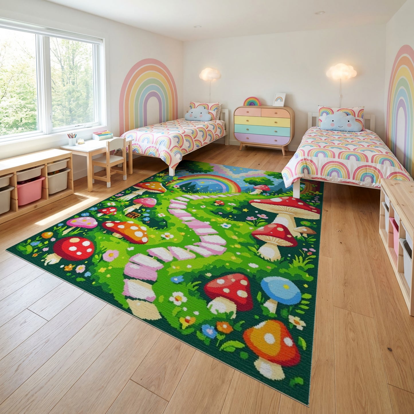 Whimsical Mushroom Rainbow Forest Path Rug