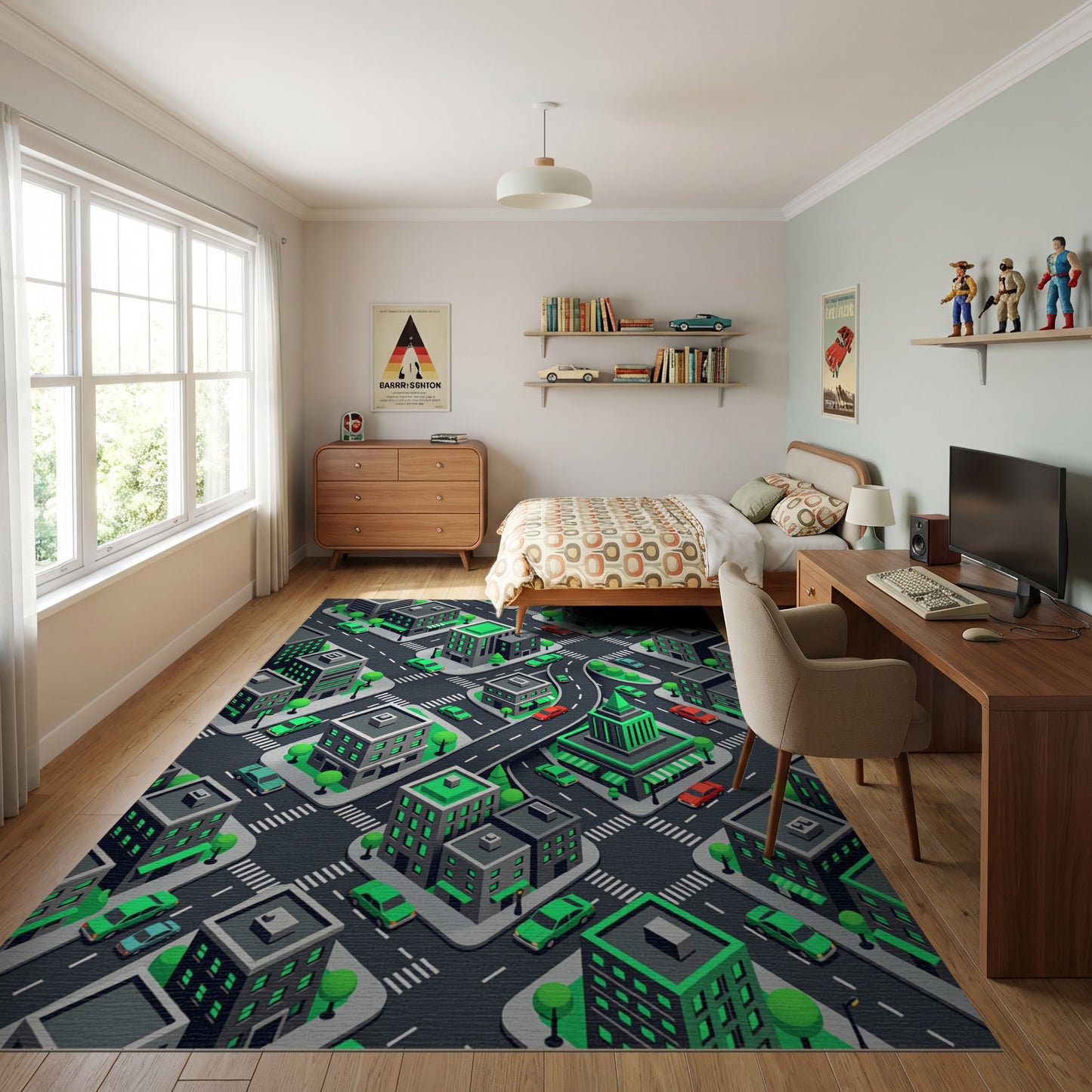Modern Isometric Green City Grid Rug