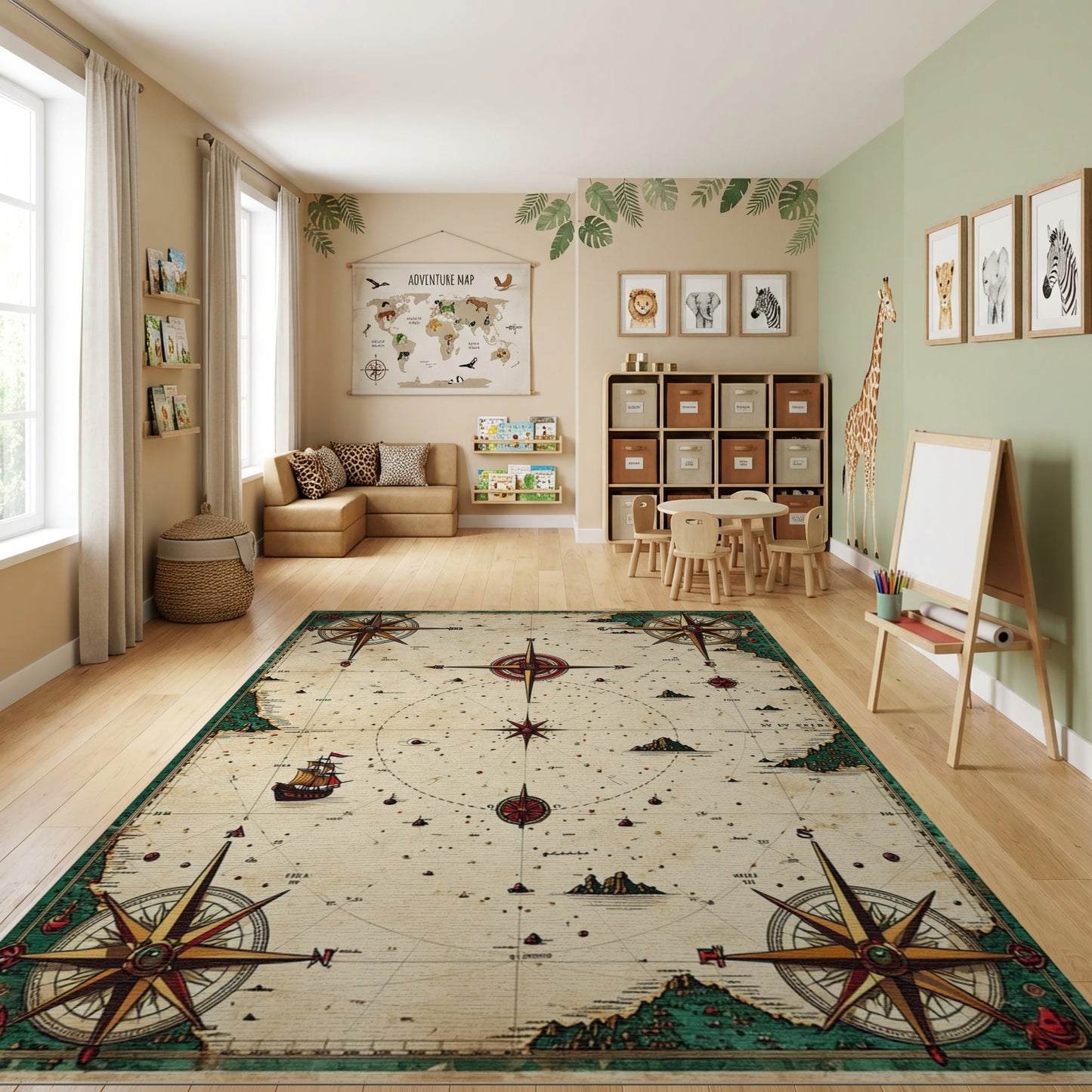 Vintage Nautical Compass Map Rug