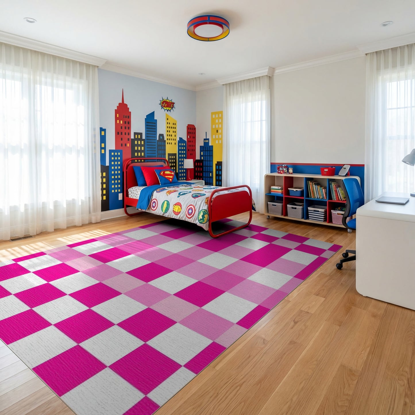 Vibrant Pink White Checkered Grid Rug