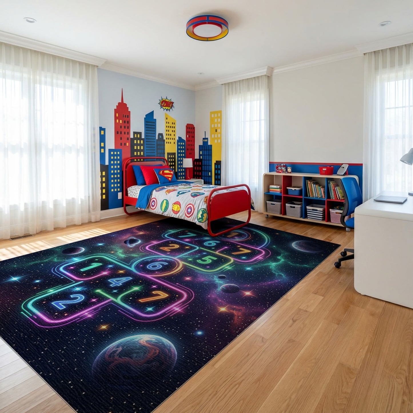 Neon Cosmic Hopscotch Galaxy Rug