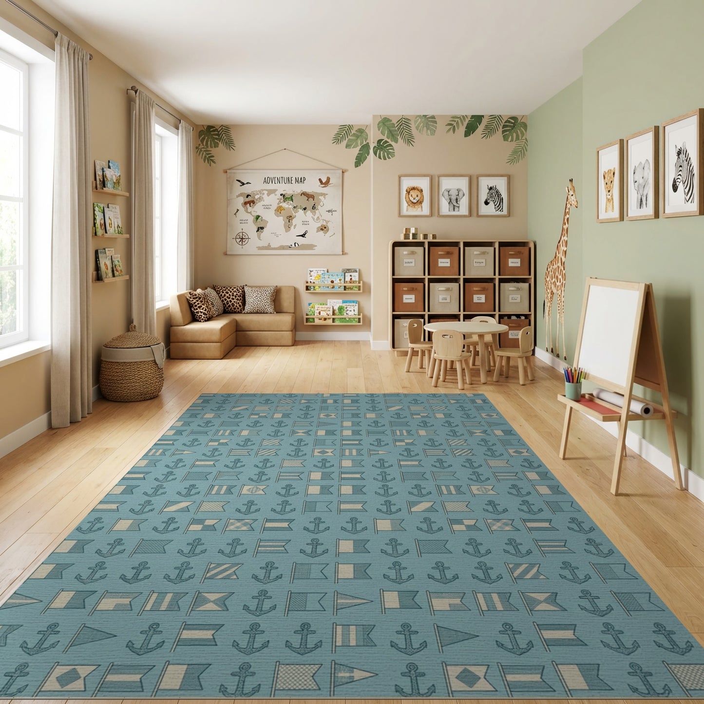 Teal Nautical Flags Anchors Rug
