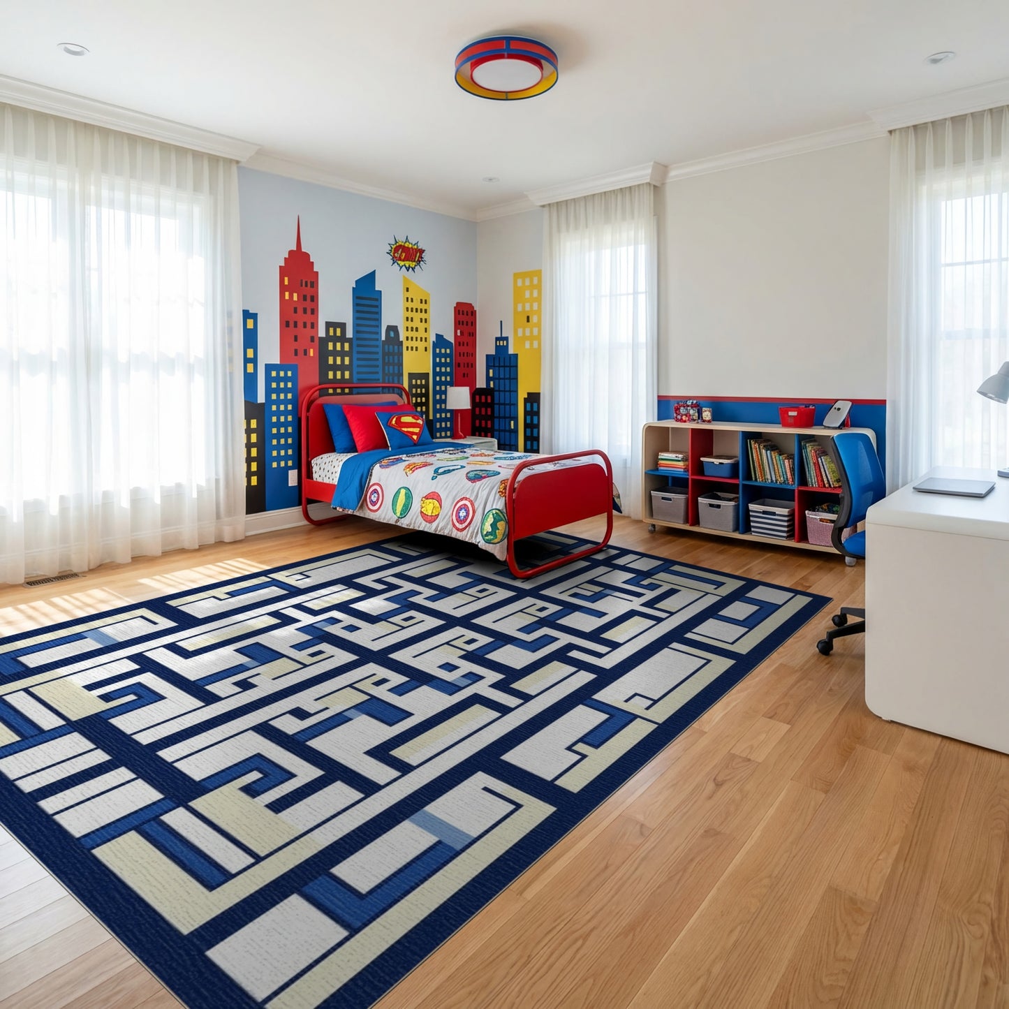 Modern Navy and Cream Lattice Rug