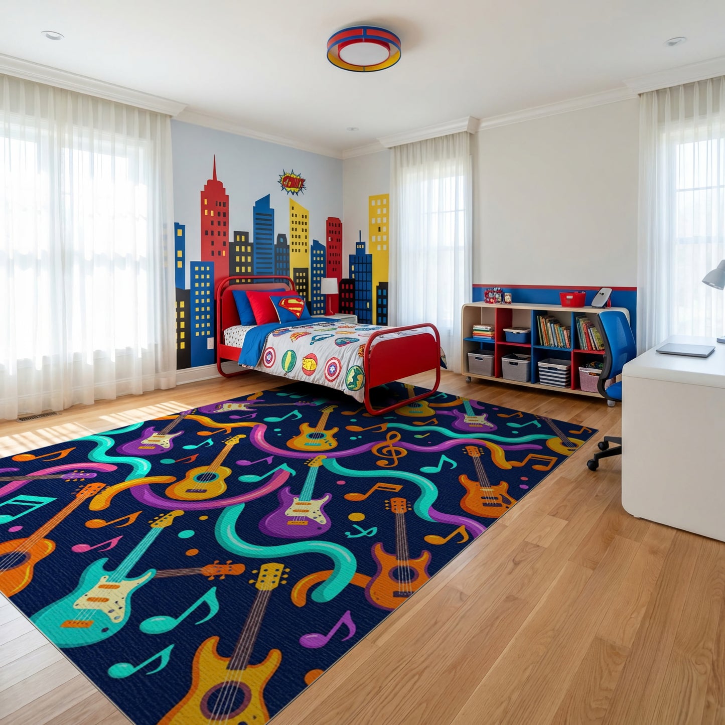 Vibrant Guitar Notes Wavy Swirls Rug