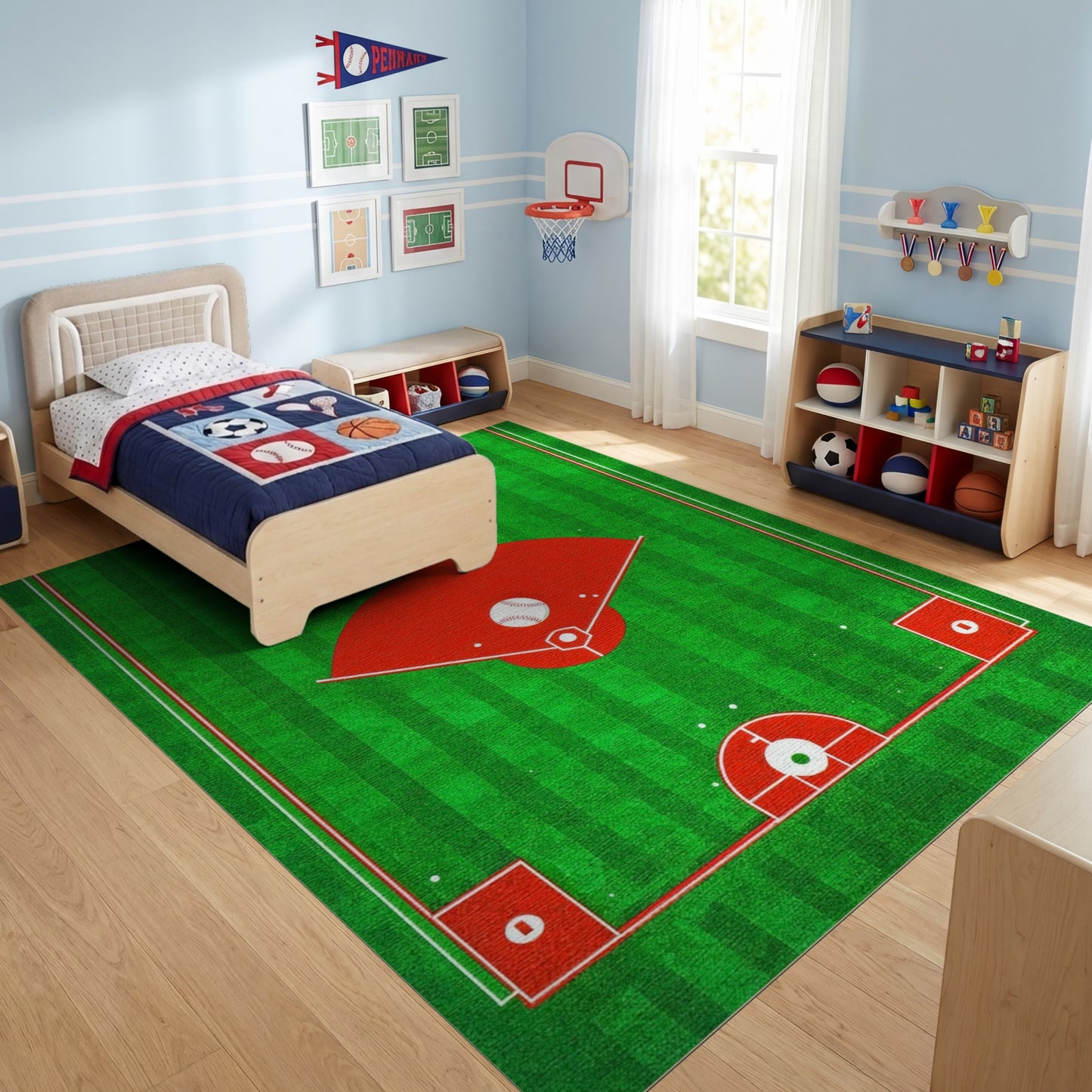 Green Striped Baseball Diamond Field Rug