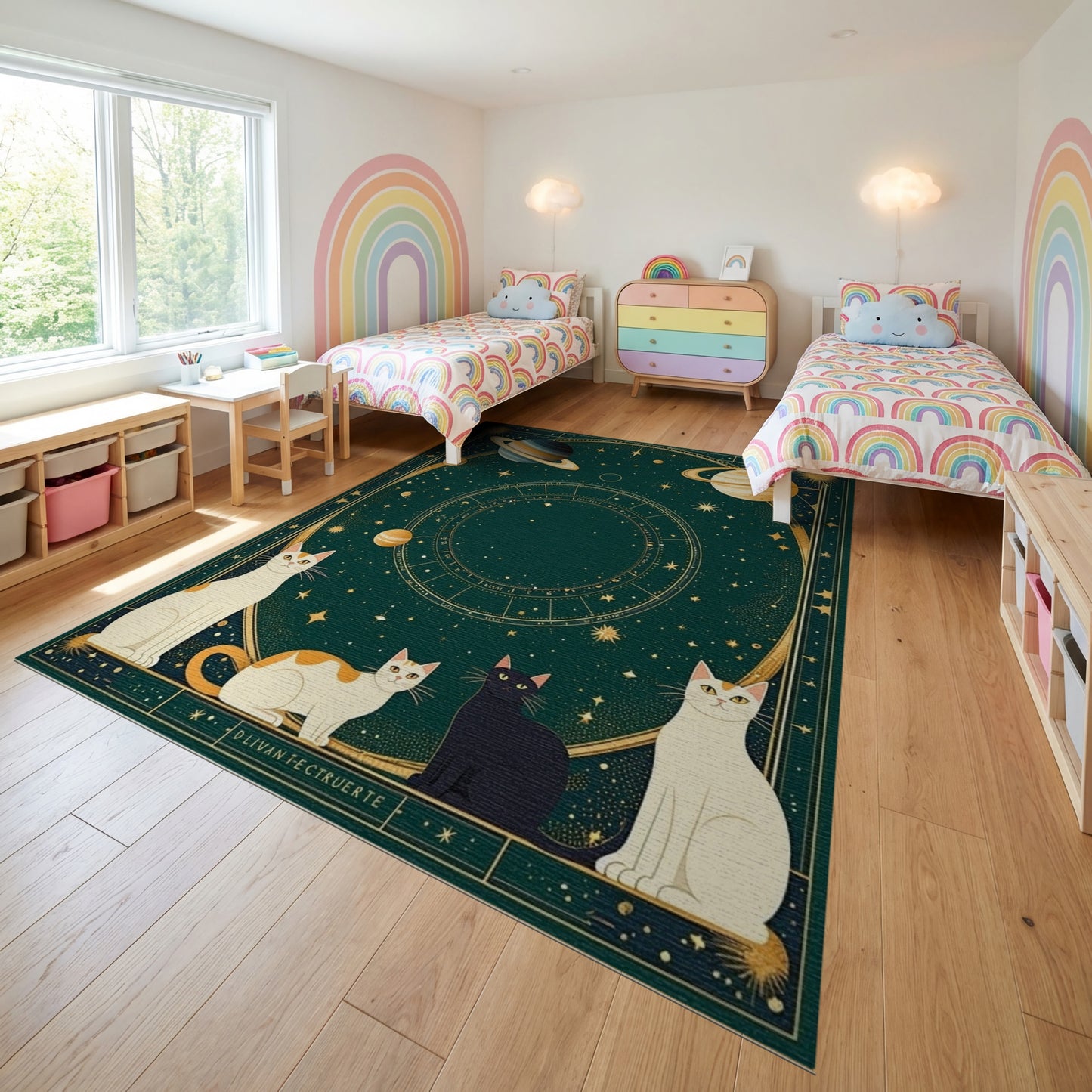 Dark Green Cosmic Cats Zodiac Rug