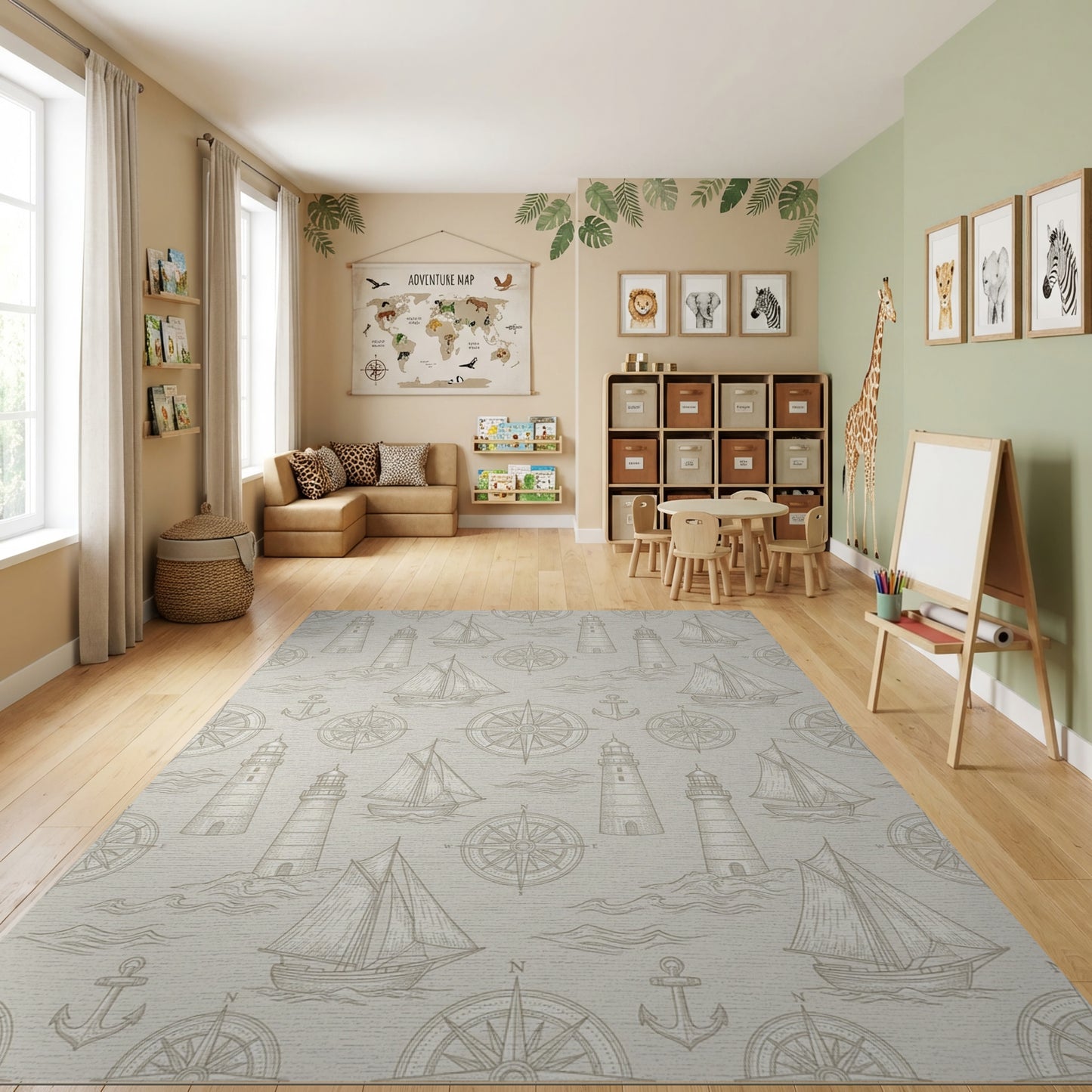 Vintage Nautical Lighthouses Sailboats Compasses Rug