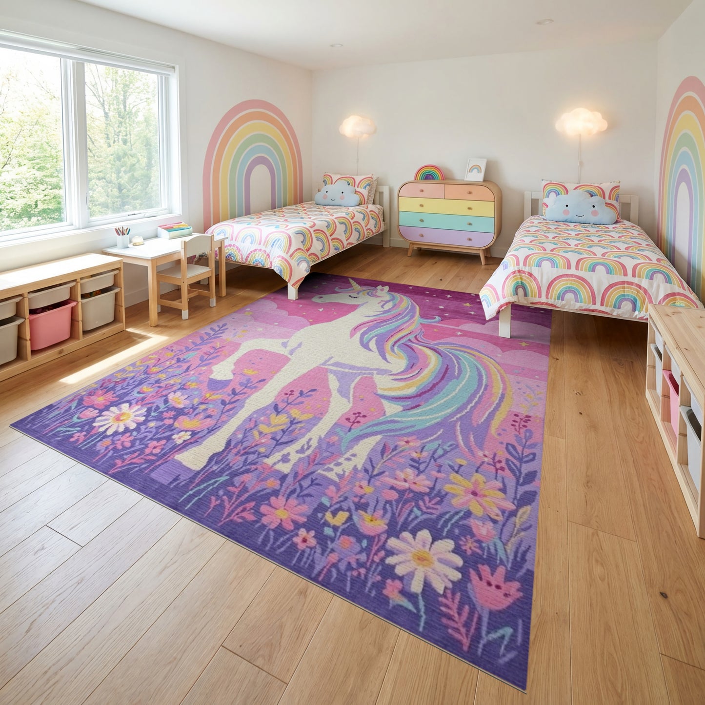 Whimsical Purple Unicorn Rainbow Stars Rug