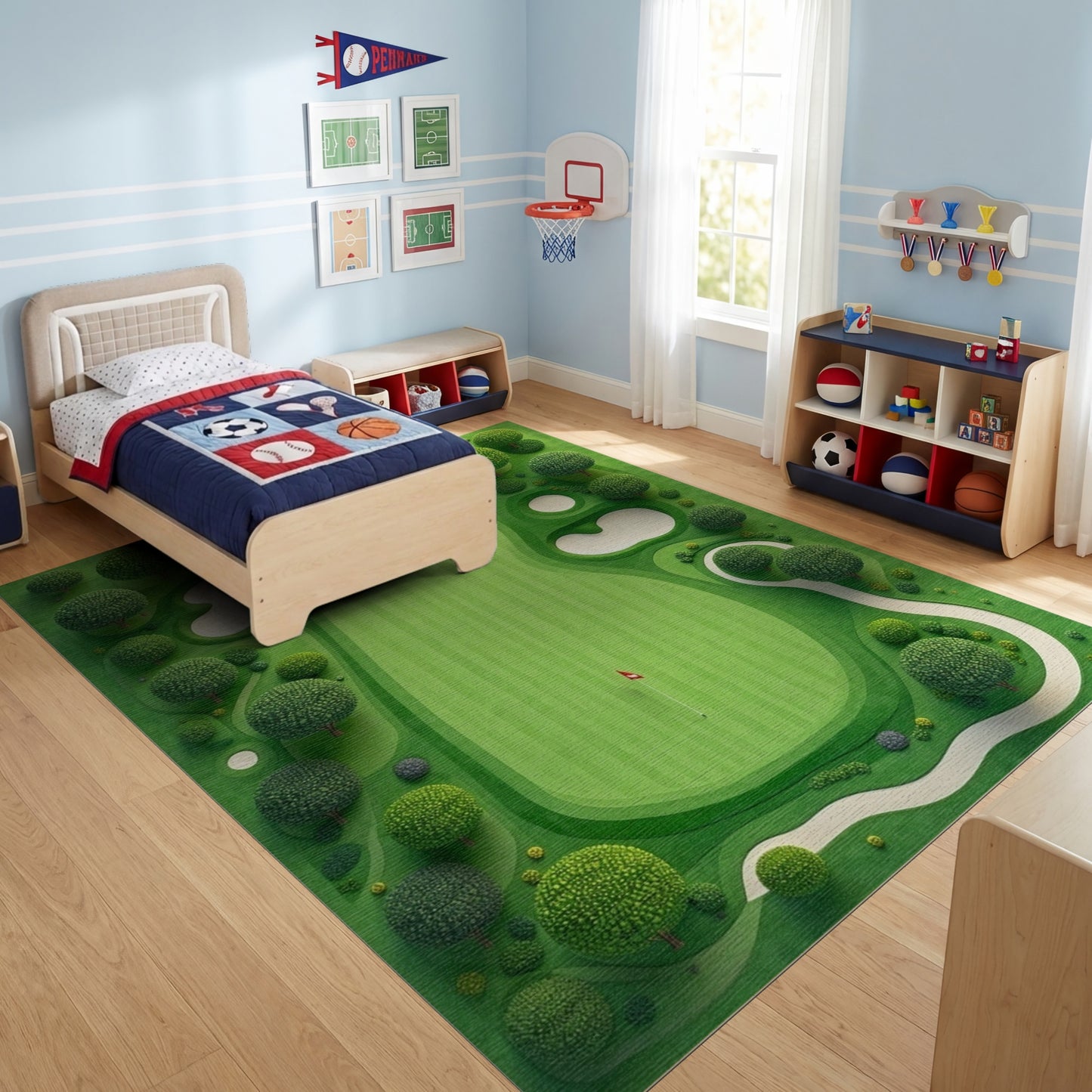 Vibrant Lush Green Golf Trees Bunkers Rug