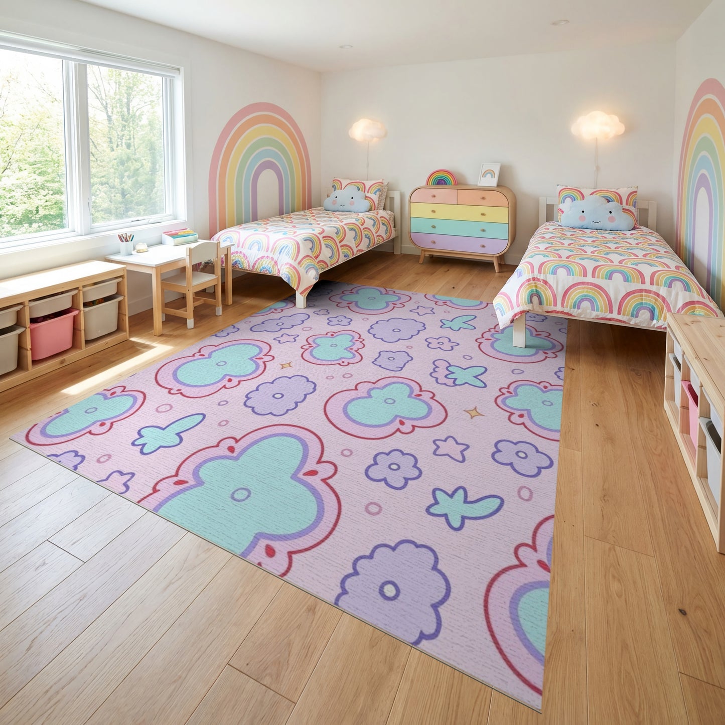 Pink Teal Purple Floral Butterfly Whimsical Rug