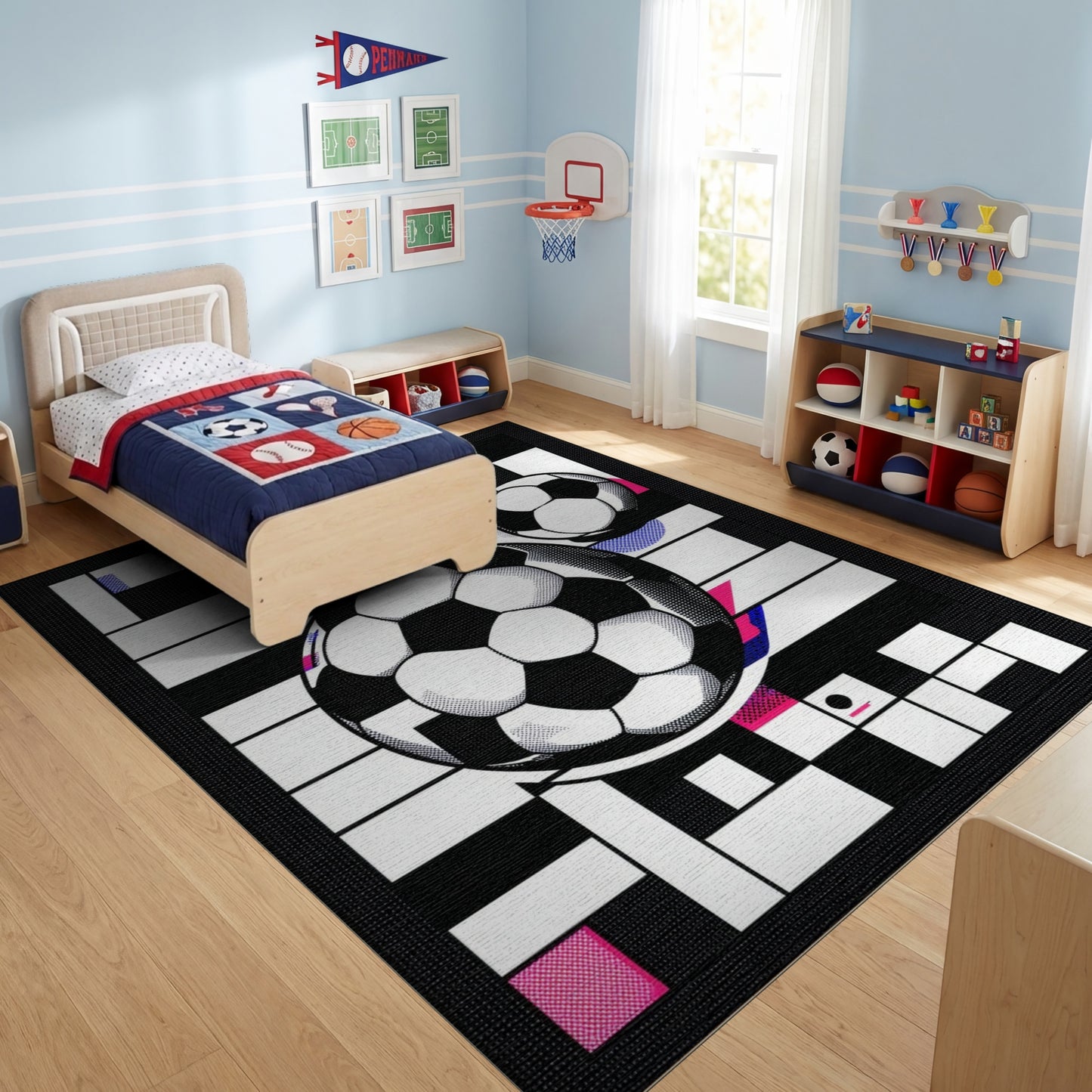 Colorful Geometric Soccer Balls Rug