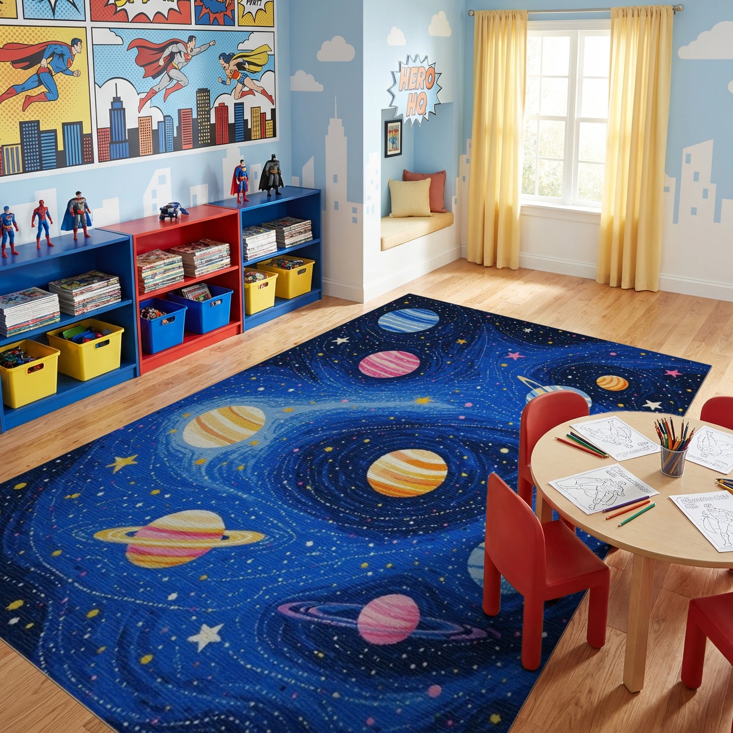 Vibrant Cosmic Planets Rings Stars Rug