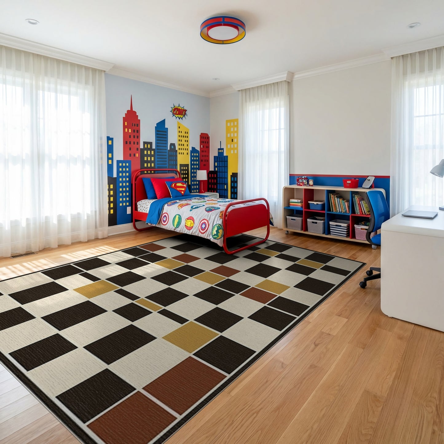 Geometric Rust Gold Black Grid Rug