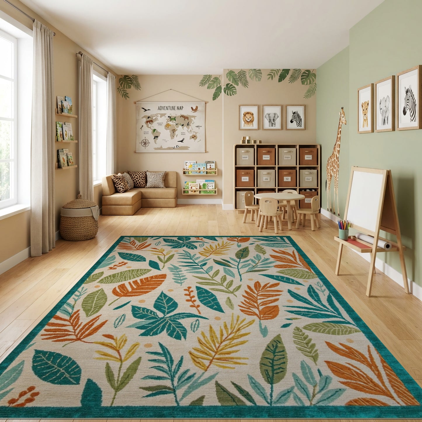 Vibrant Teal and Orange Leaf Rug
