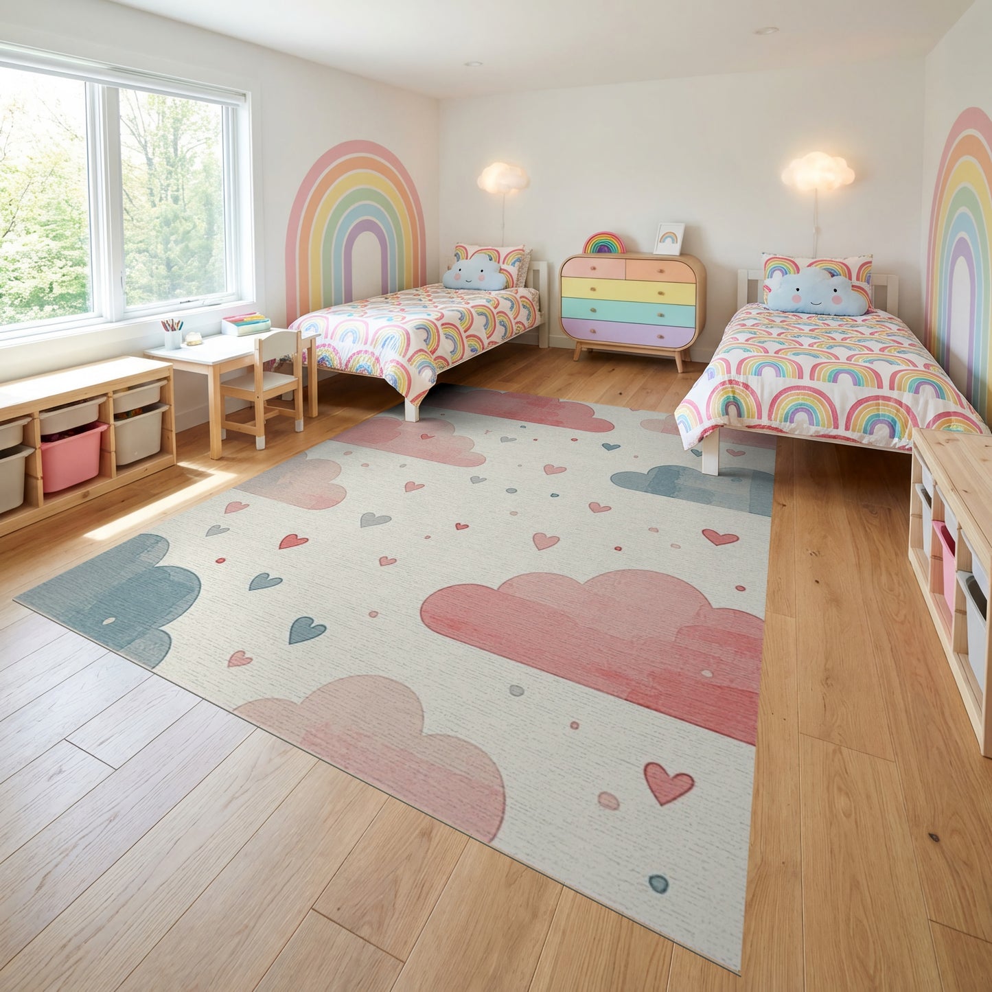 Pink and Blue Whimsical Clouds Hearts Rug