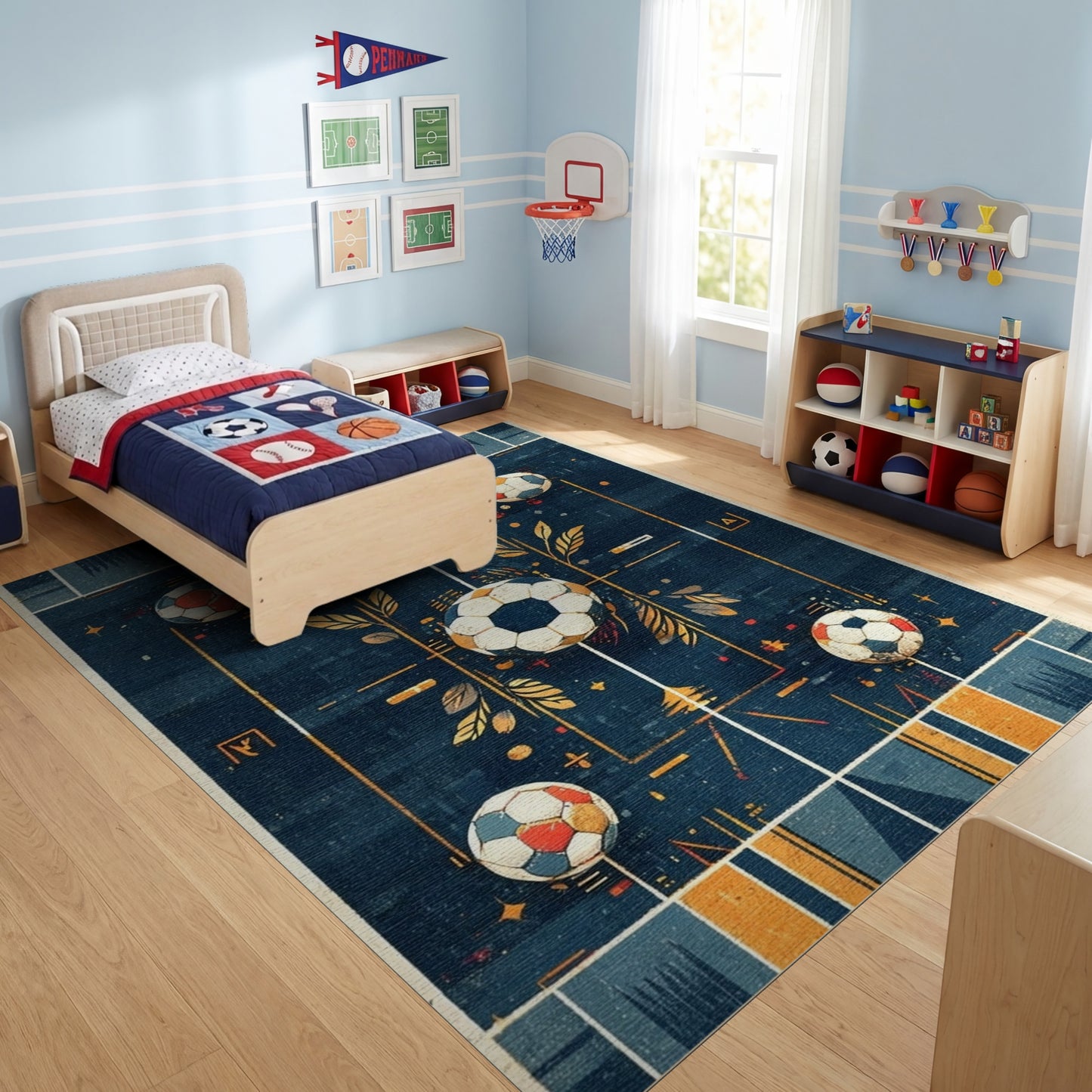 Navy Geometric Soccer Balls Grid Rug