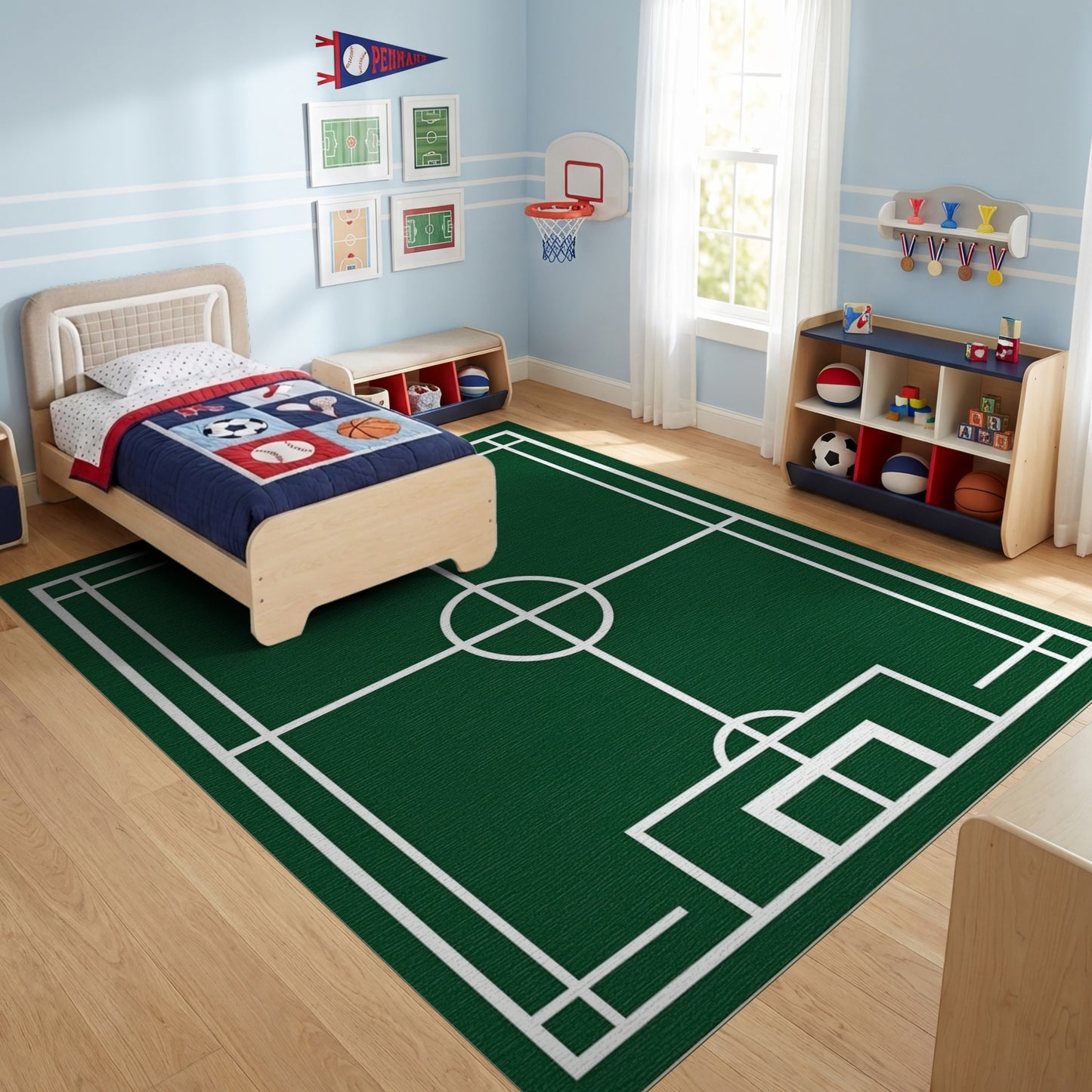 Green Soccer Field White Lines Rug