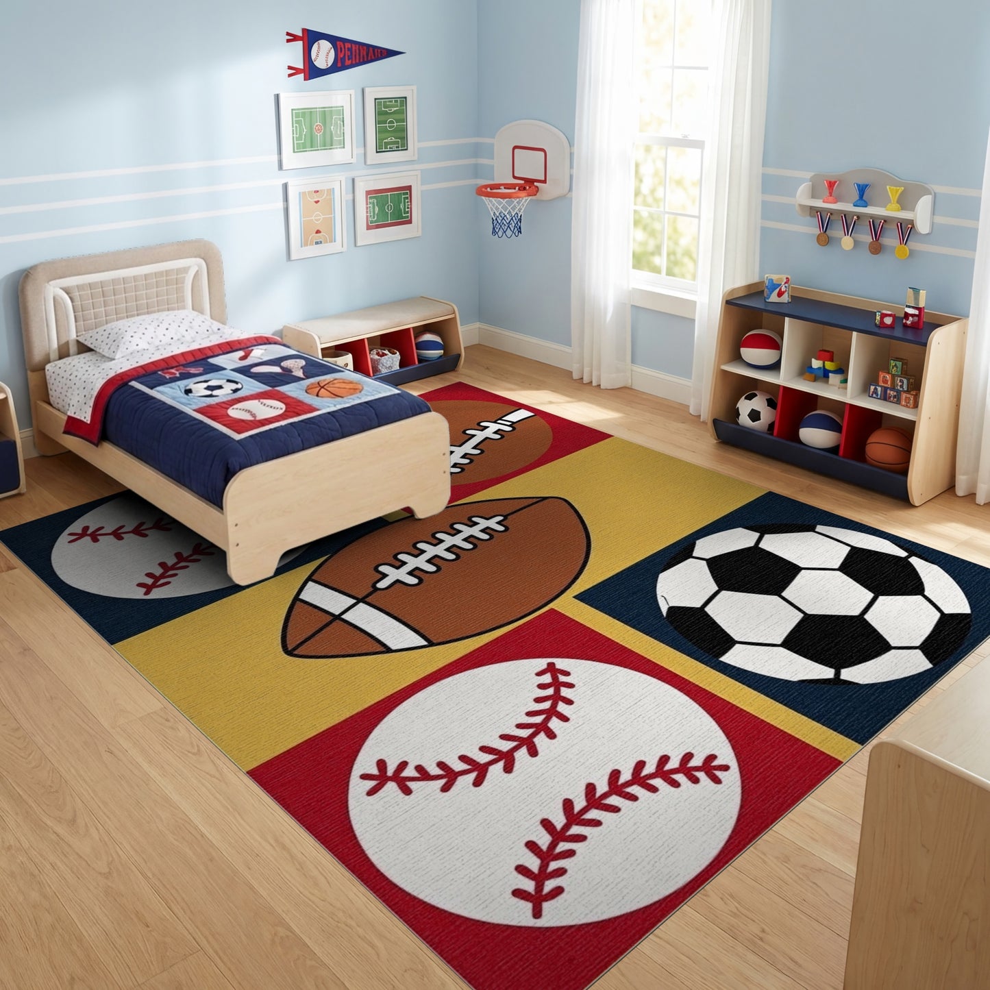 Playful Baseball Football Soccer Grid Rug
