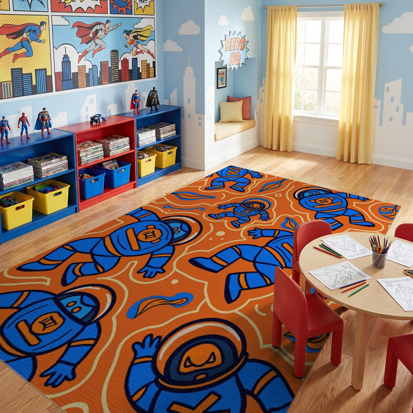 Playful Blue Astronauts Vibrant Orange Rug