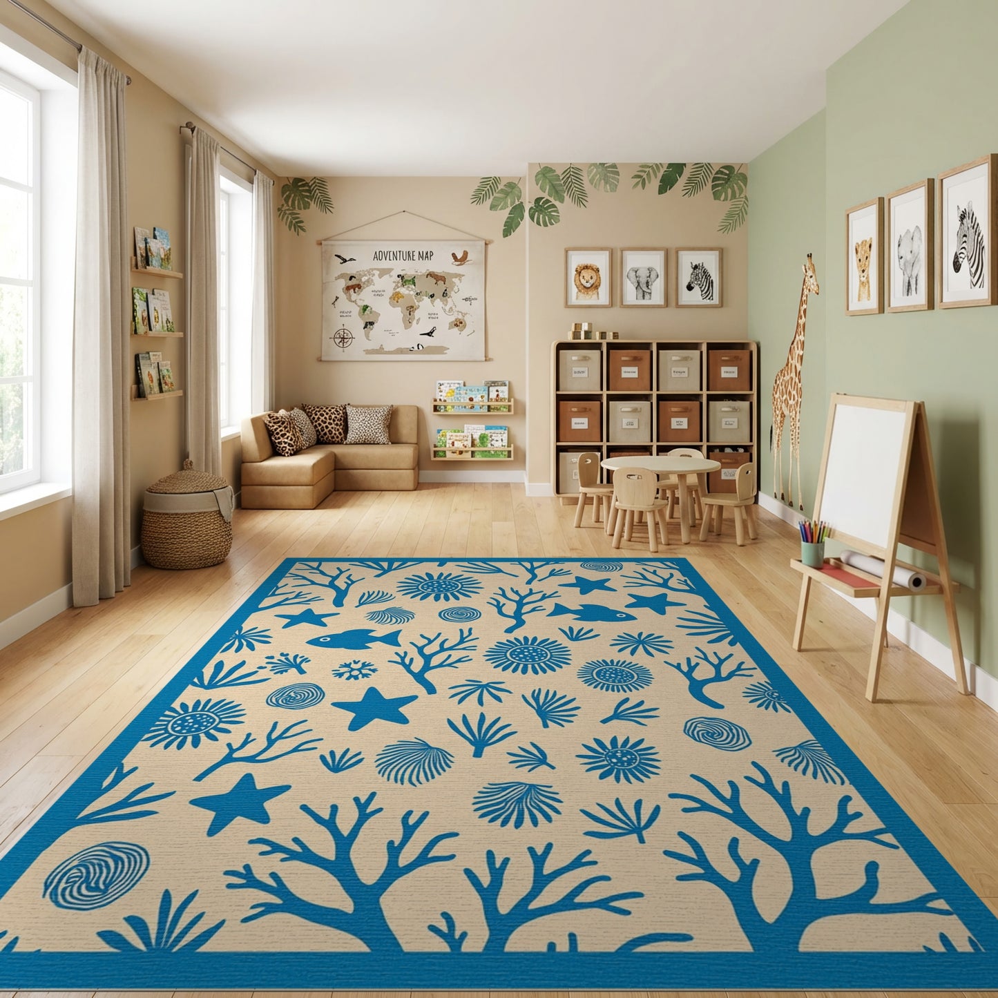 Whimsical Blue Coral Starfish Seashell Rug