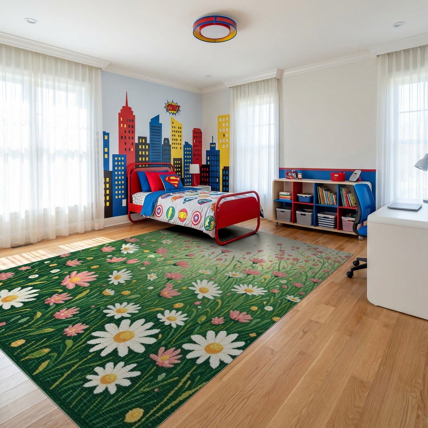 Whimsical Pink Green Daisy Meadow Rug