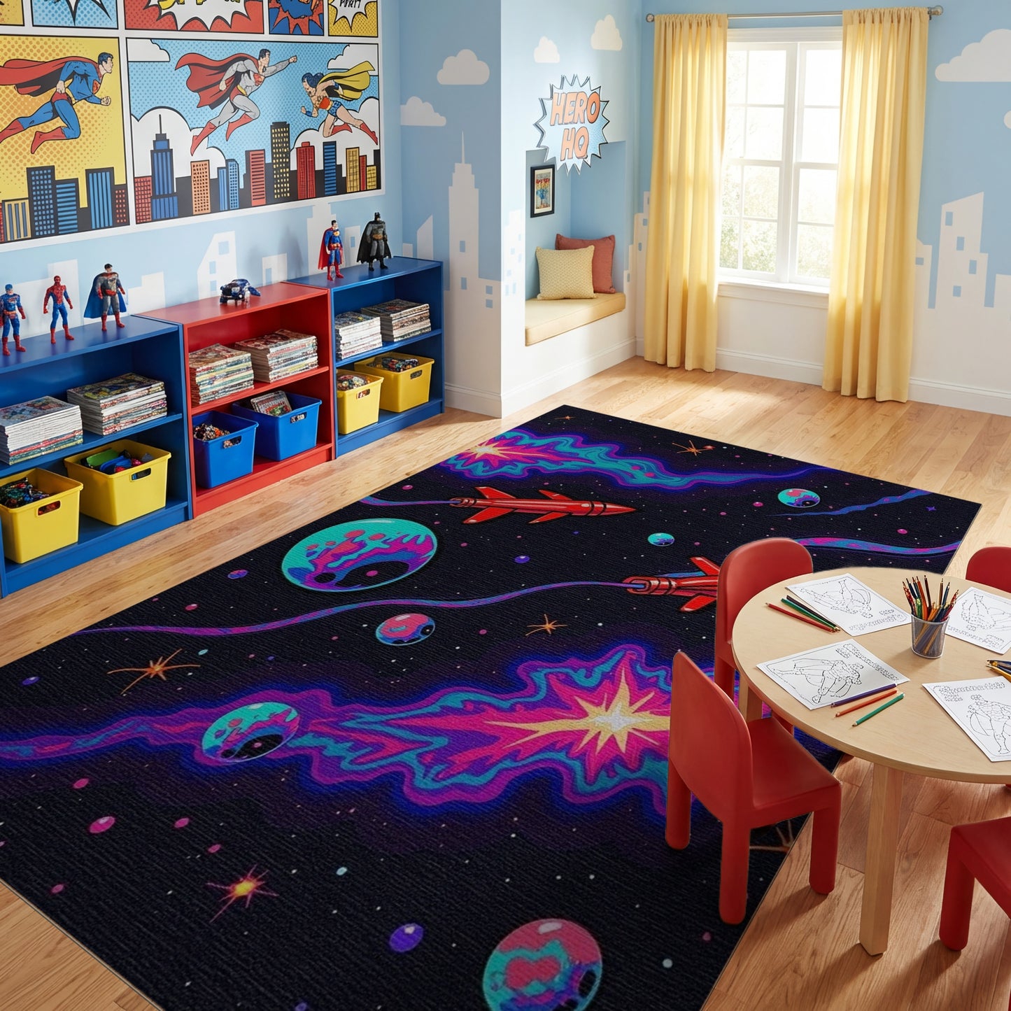 Retro Red Rockets Cosmic Nebulae Rug