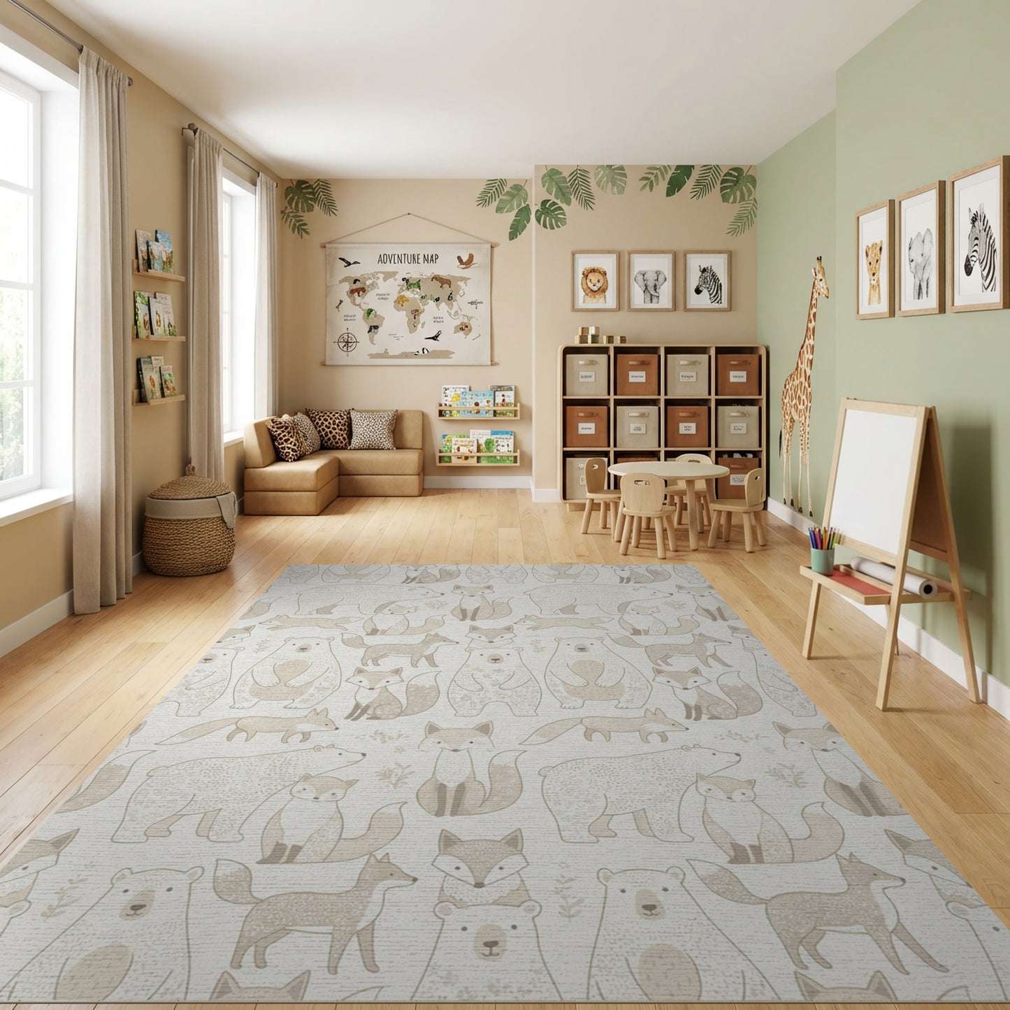 Whimsical Beige Fox Polar Bear Rug