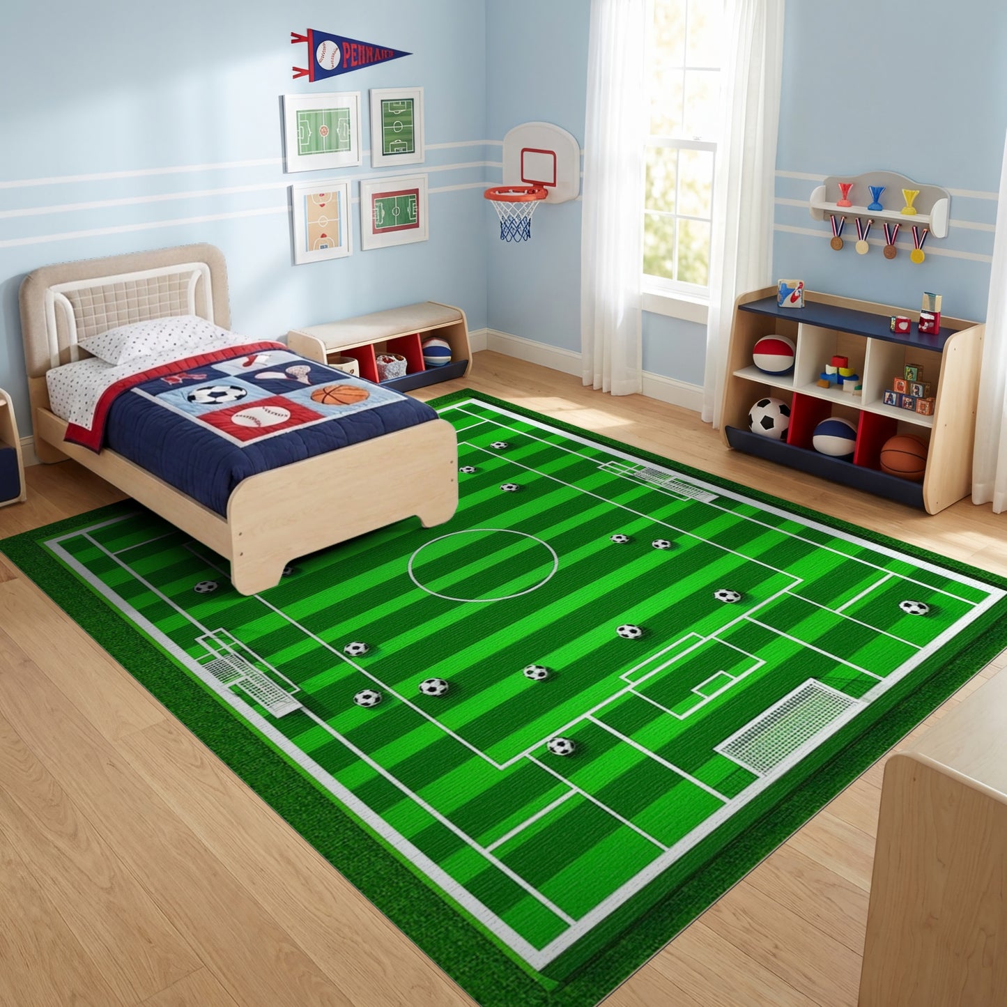Striped Green Soccer Field Balls Rug