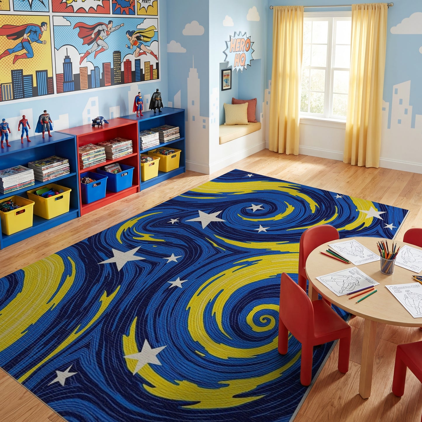 Navy Yellow Swirling Stars Rug
