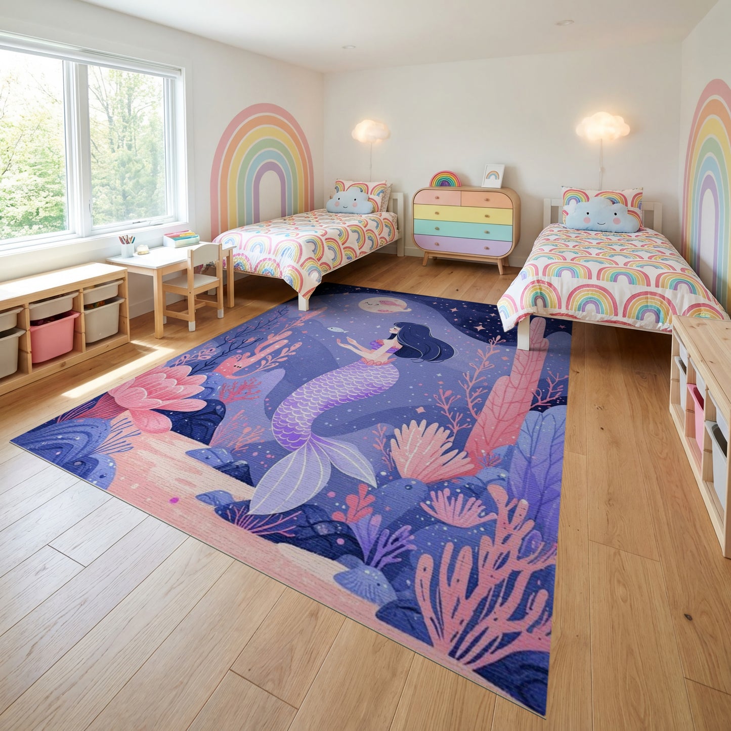 Whimsical Purple Mermaid Coral Stars Rug