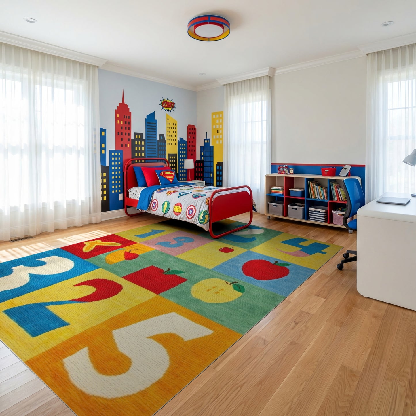 Playful Color Block Numbers Apples Rug
