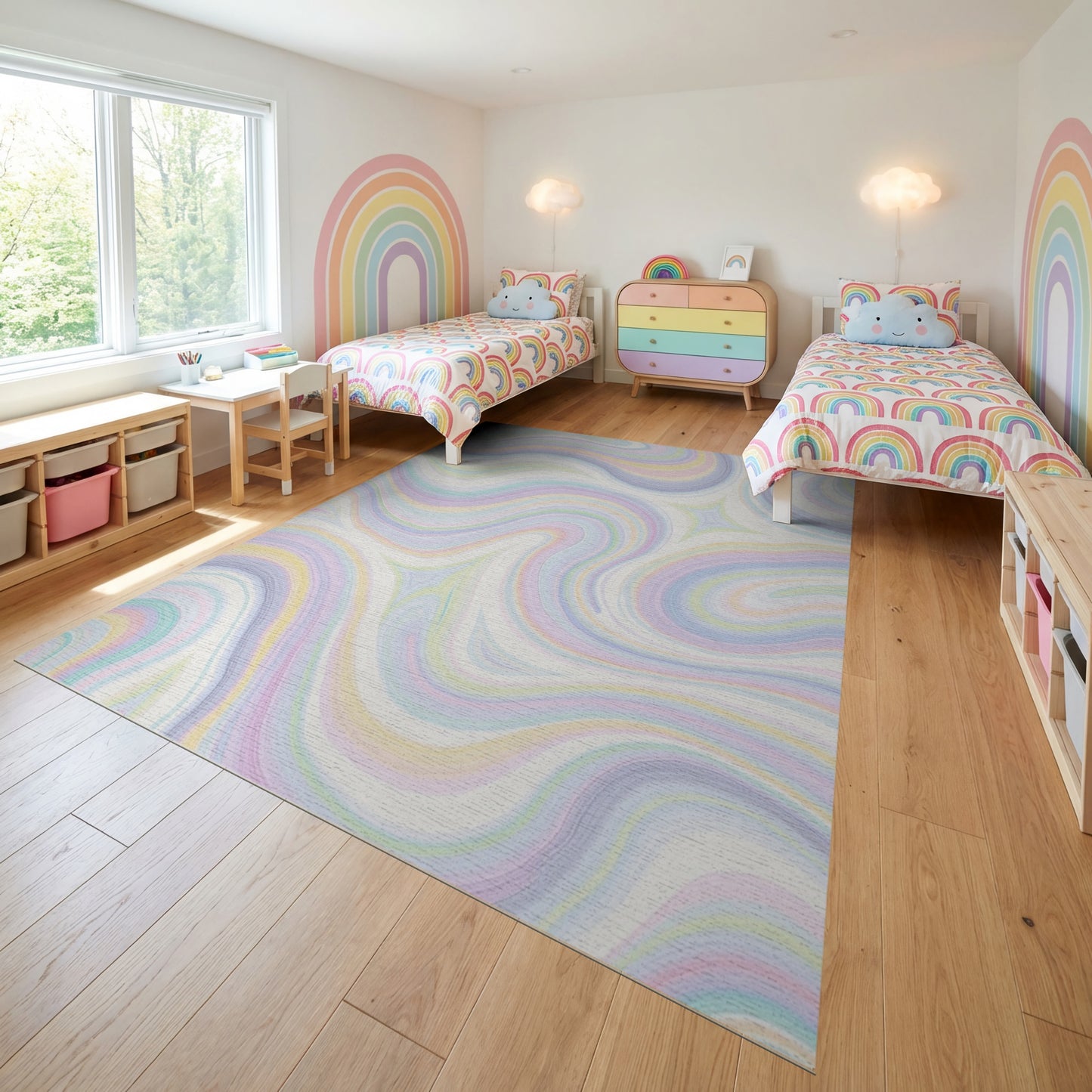 Lavender Pink Teal Yellow Wavy Rug