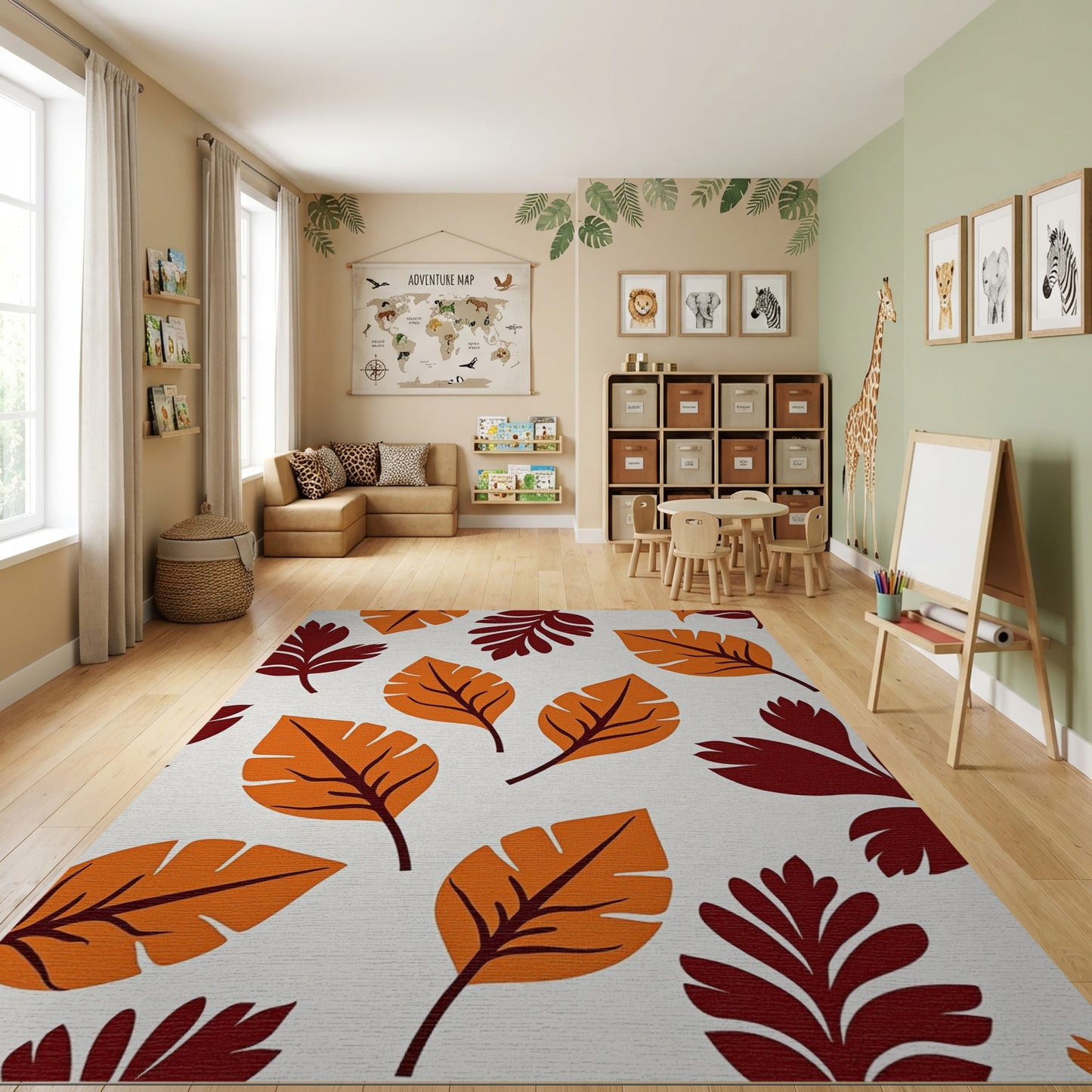 Bold Orange Maroon Tropical Leaves Rug