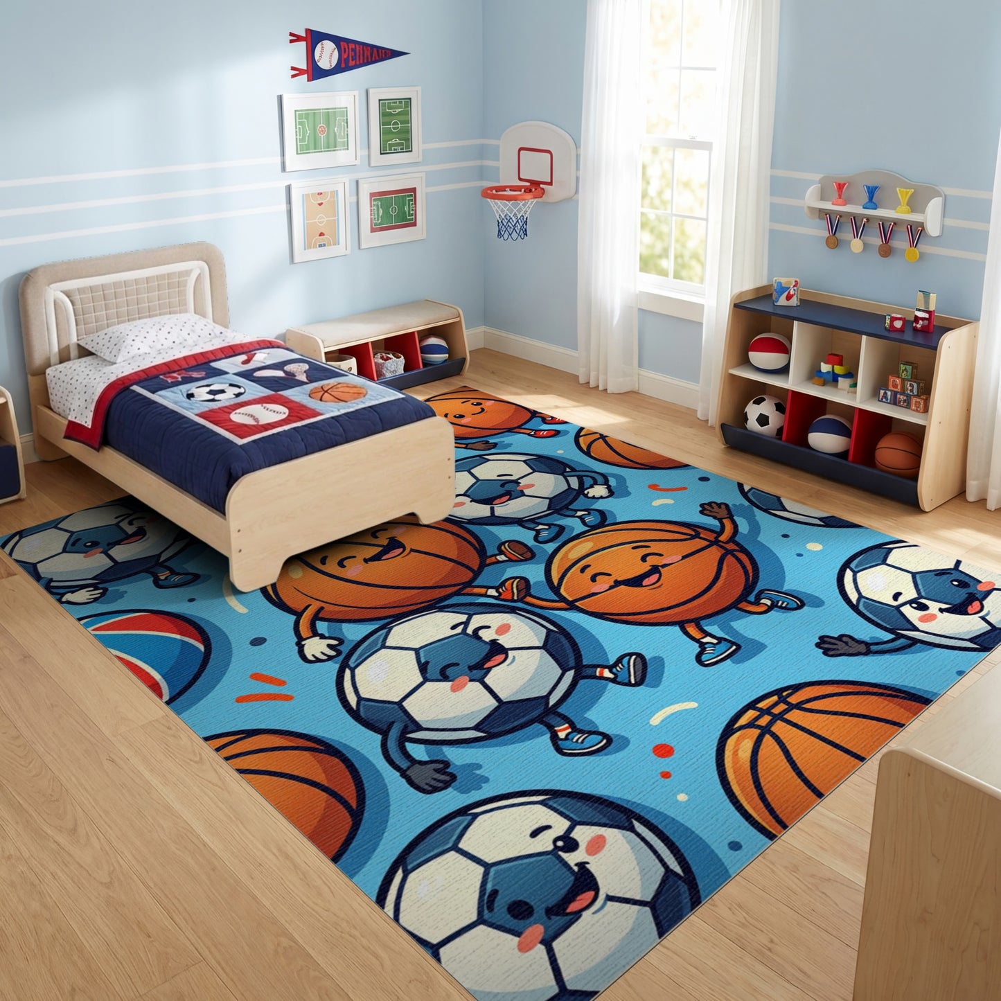 Playful Cartoon Soccer Basketball Dancing Rug