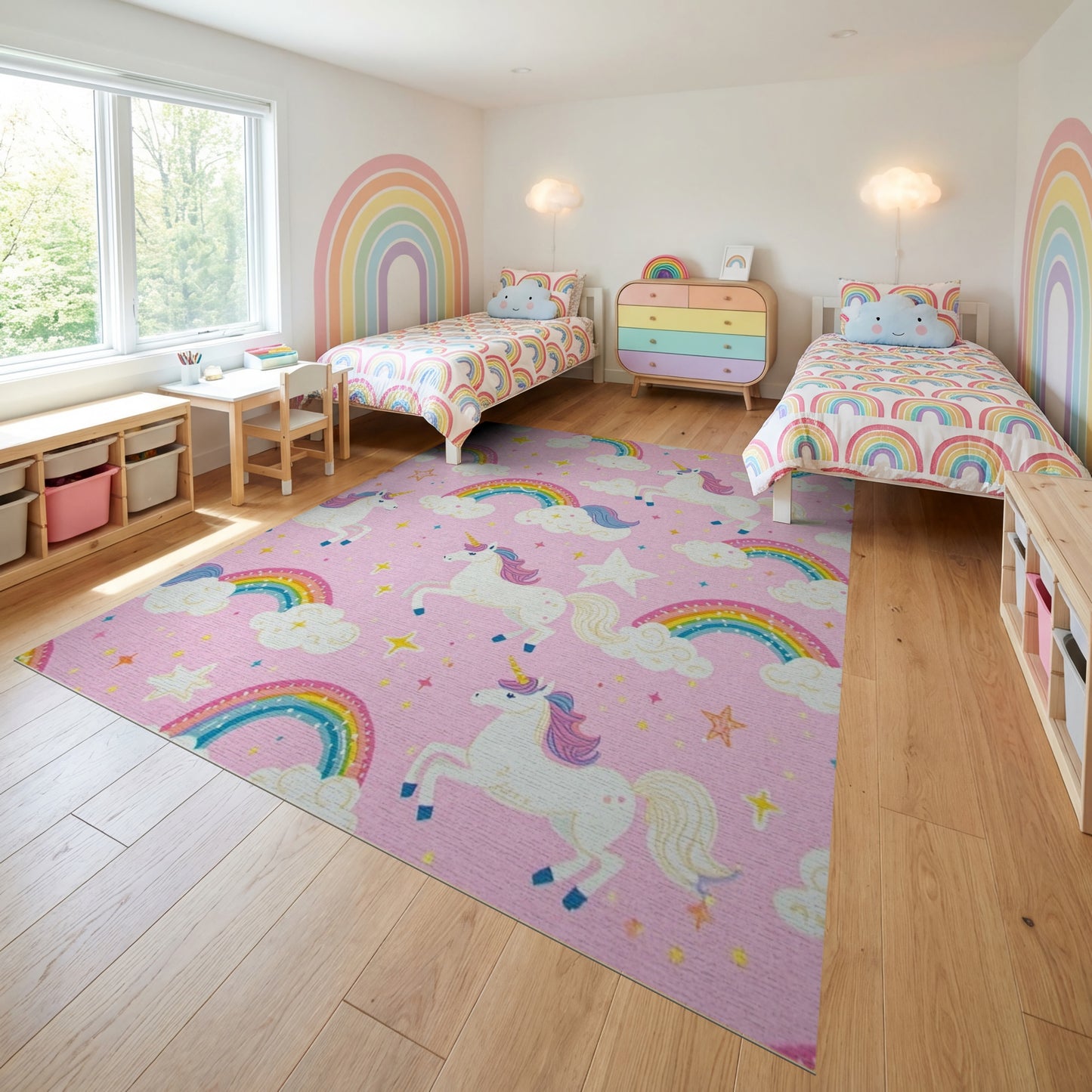 Whimsical Pink Unicorn Rainbow Stars Rug