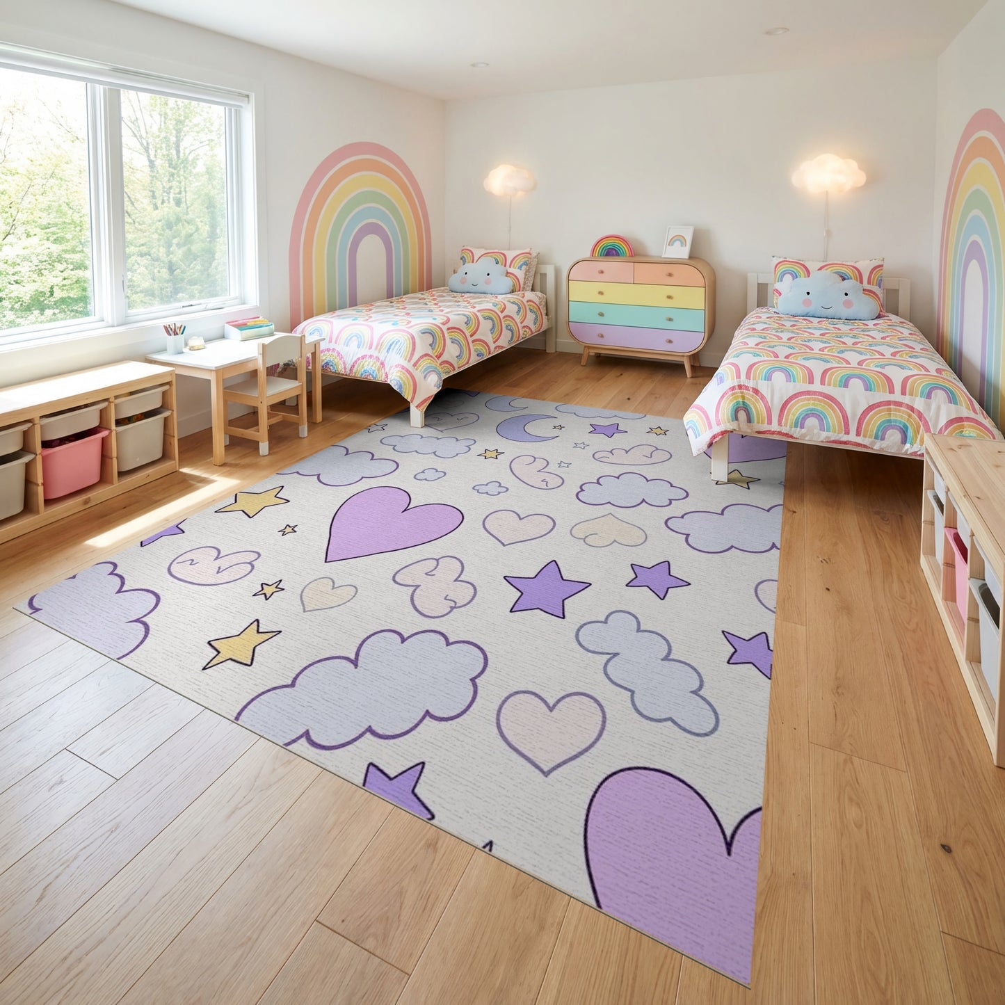 Whimsical Pastel Stars Moons Clouds Hearts Rug