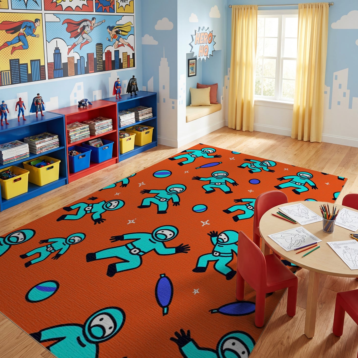 Playful Cyan Astronauts Orange Stars Rug